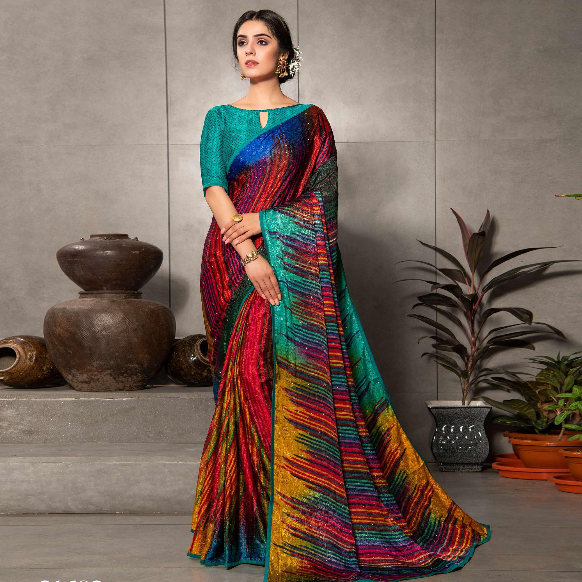 Energetic Red - Multi Colored Partywear Printed Silk Crape Saree - Peachmode