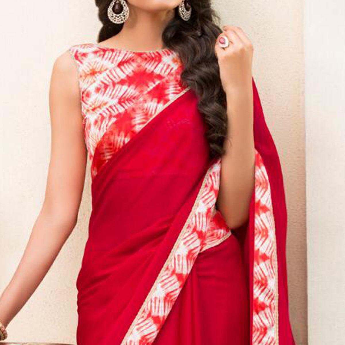 Energetic Ruby Red Colored Partywear Printed Chiffon Saree - Peachmode