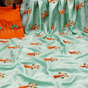 Energetic Sea Green Colored Partywear Embroidered Dola Silk Saree - Peachmode