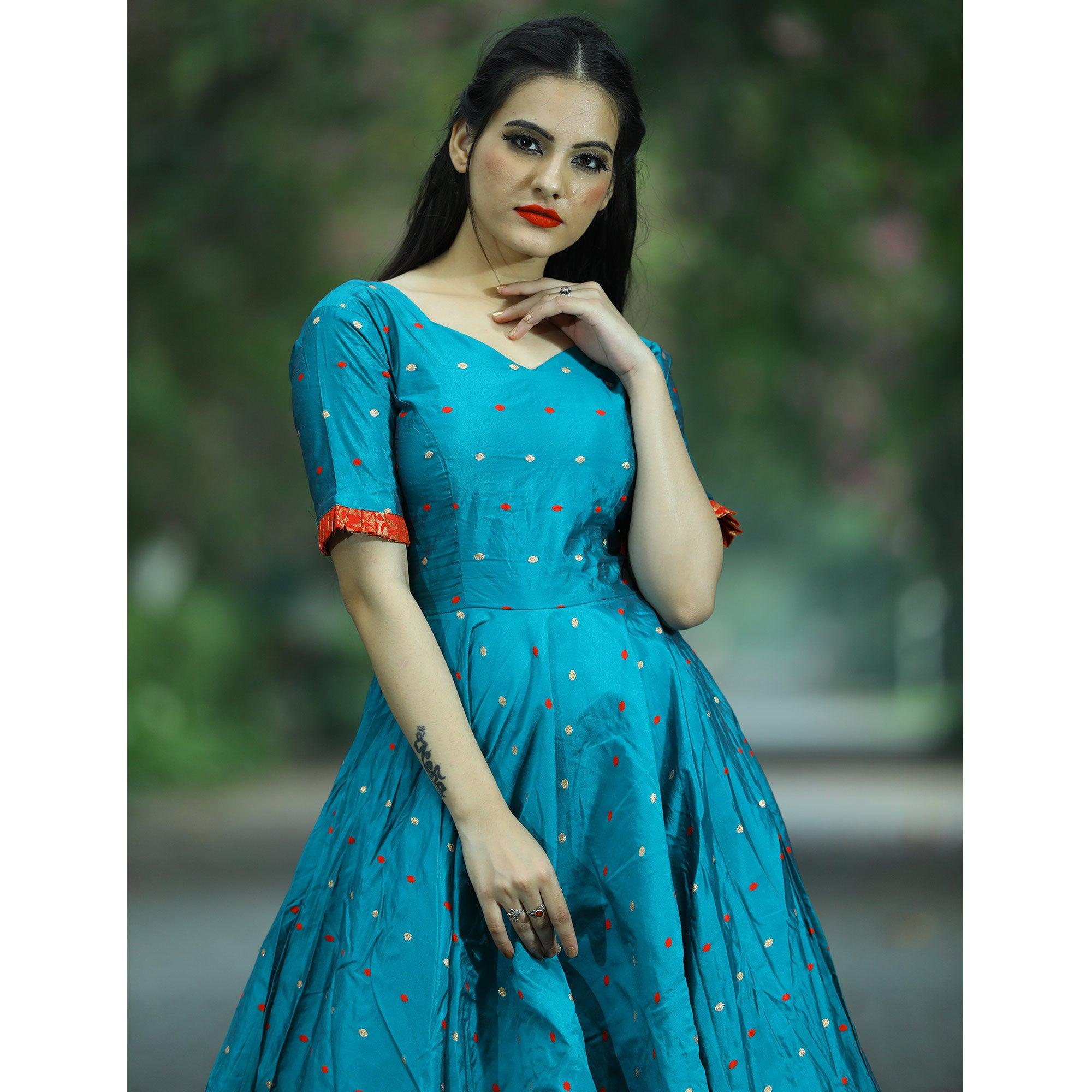 Energetic Teal Green Colored Partywear Tapetta Jacquard Gown - Peachmode