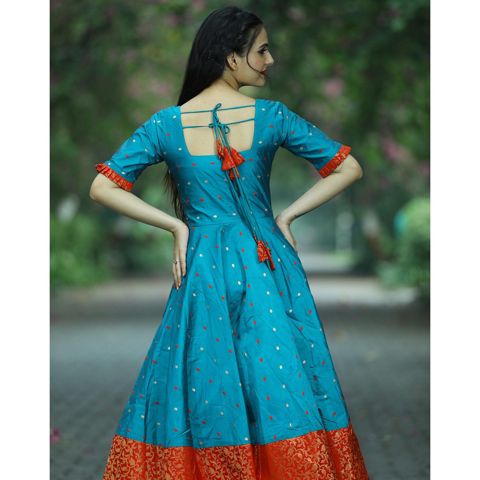 Energetic Teal Green Colored Partywear Tapetta Jacquard Gown - Peachmode