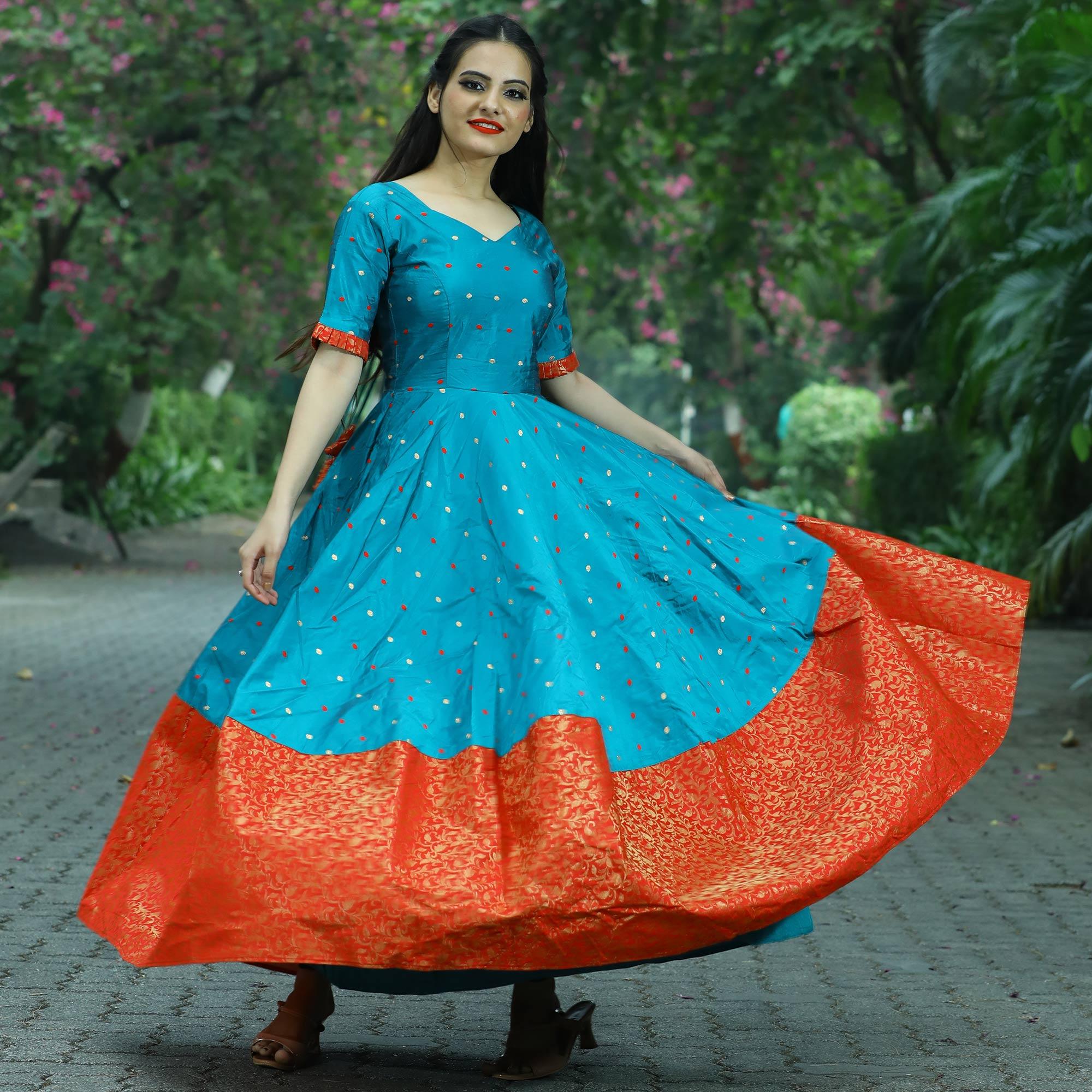 Energetic Teal Green Colored Partywear Tapetta Jacquard Gown - Peachmode