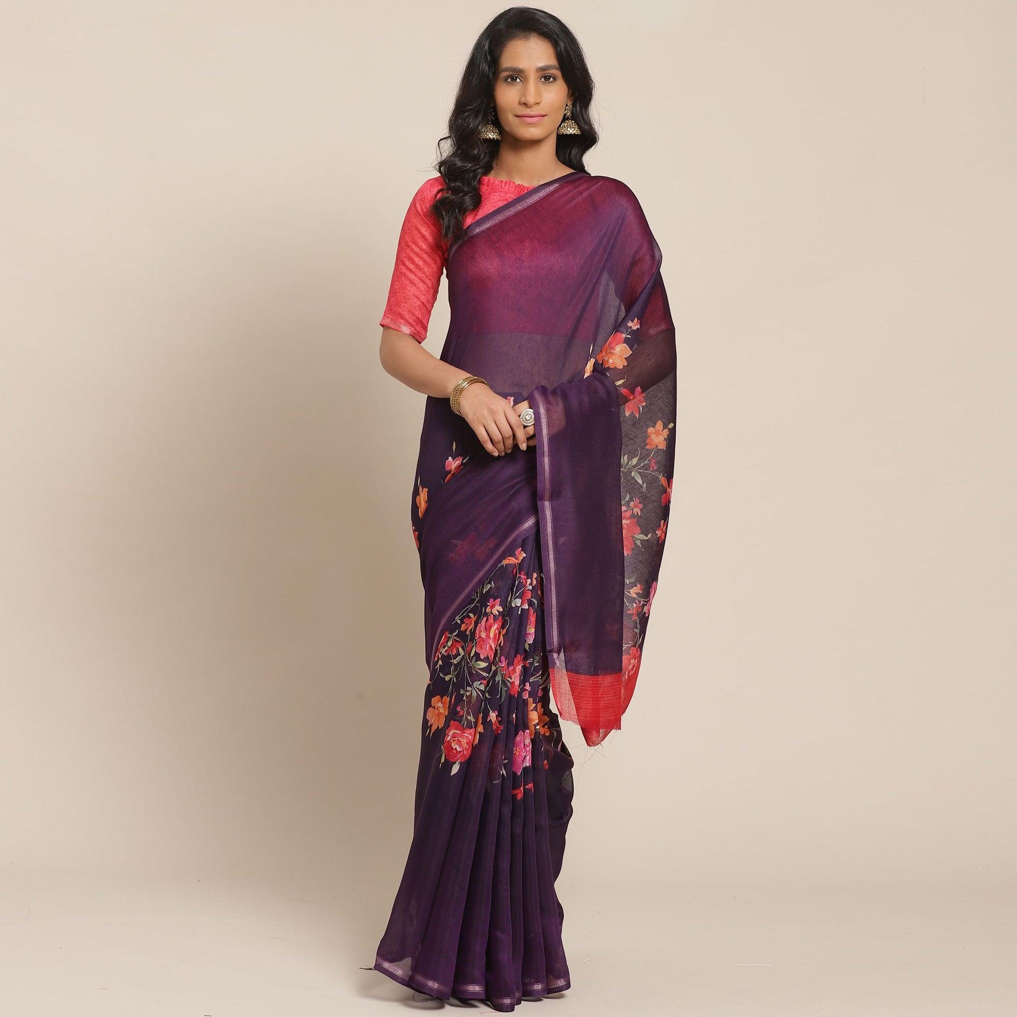 Energetic Violet Colored Casual Wear Printed Cotton Blend Saree - Peachmode