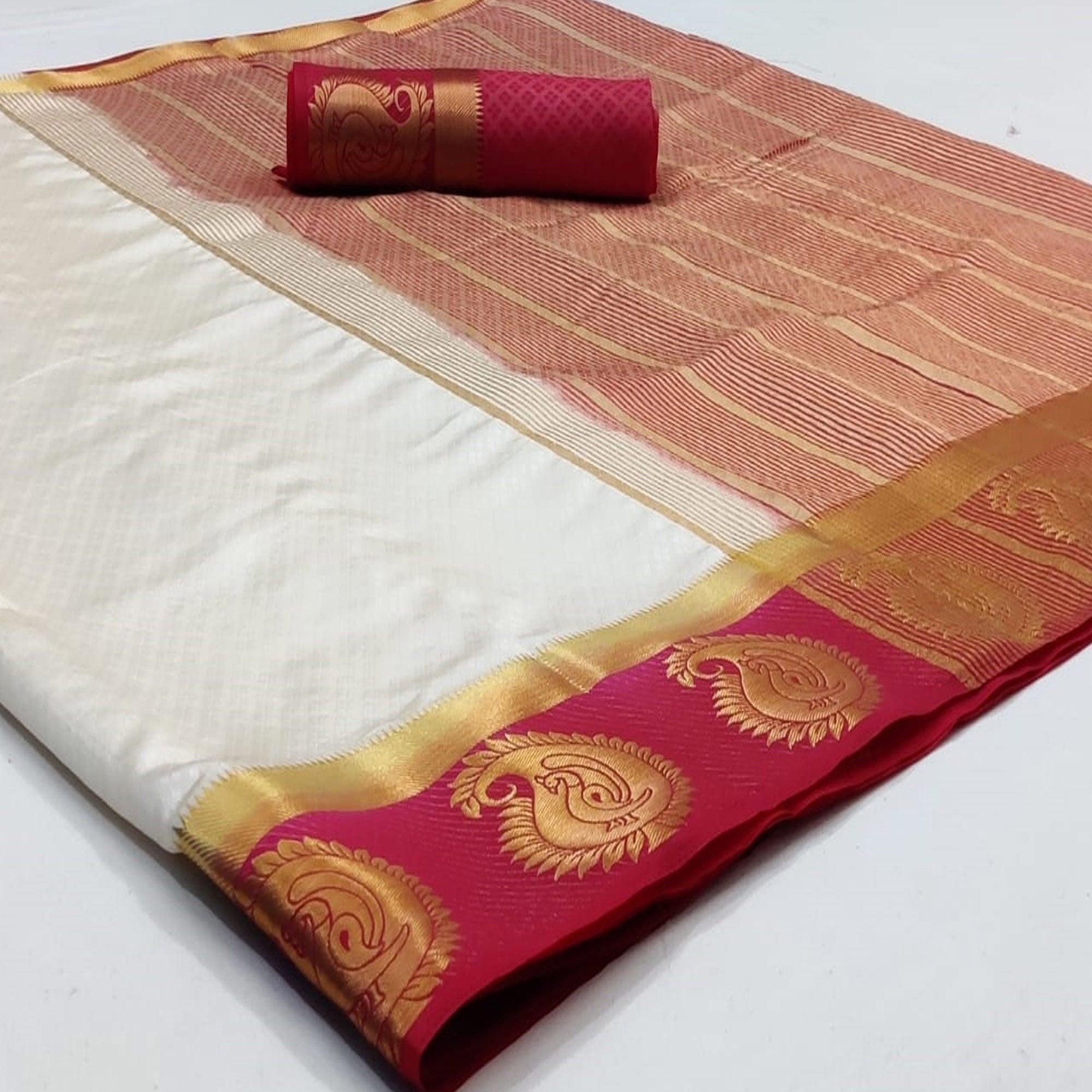 Energetic White Coloured Festive Wear Woven Art Silk Saree - Peachmode