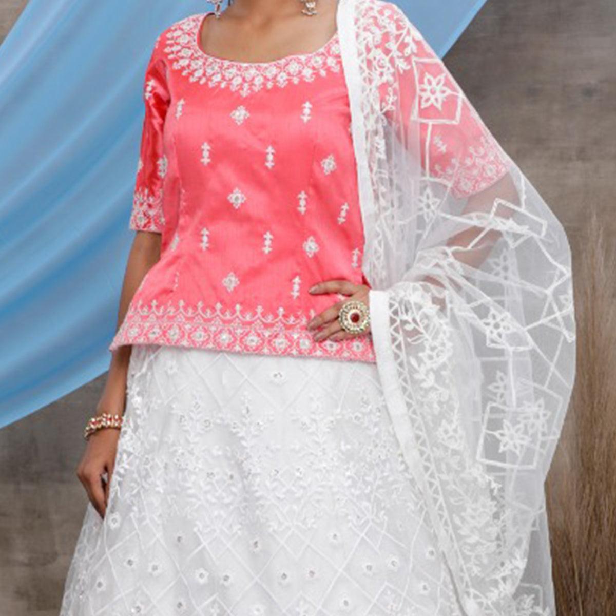 Energetic White-Pink Colored Party Wear Embroidered Net Lehenga Choli - Peachmode
