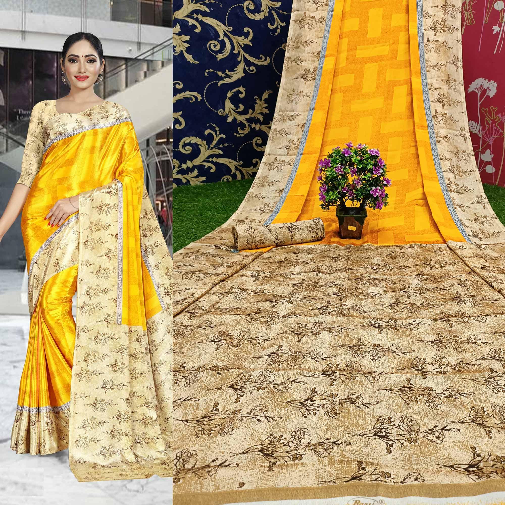 Energetic Yellow Colored Casual Wear Printed Crepe Saree - Peachmode