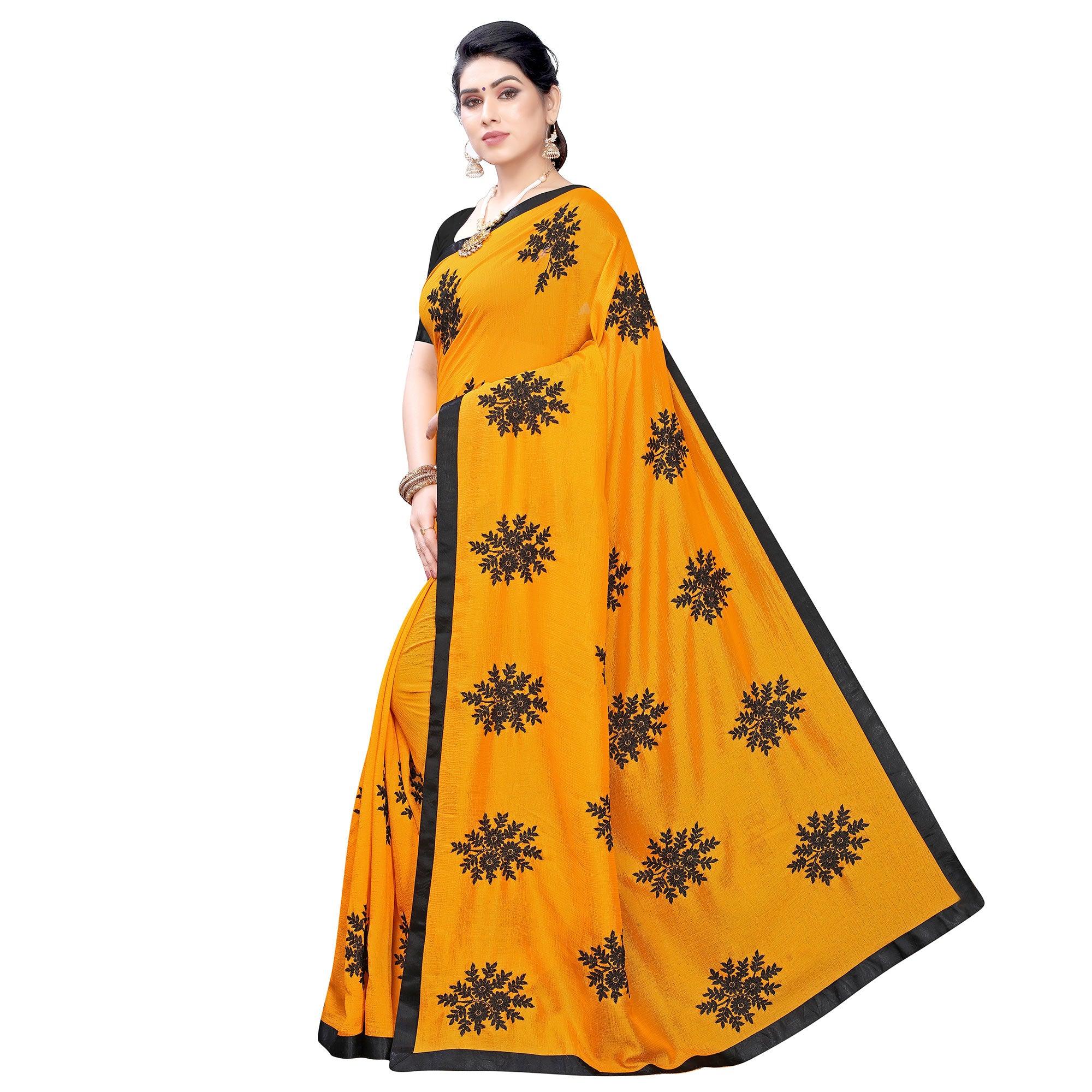 Energetic Yellow Colored Embroidered Georgette Saree - Peachmode