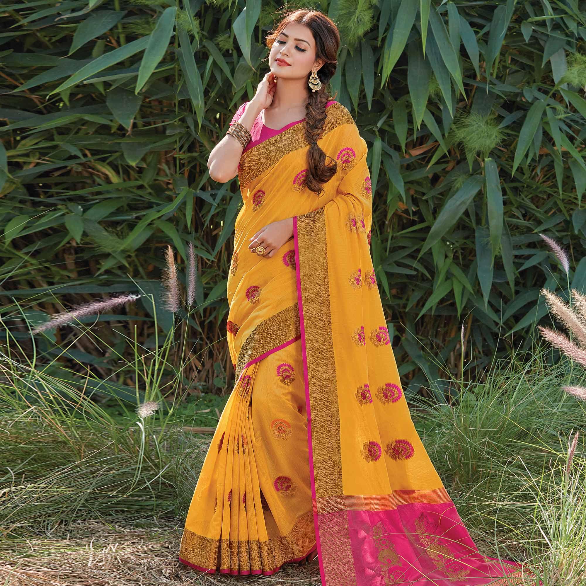 Energetic Yellow Colored Festive Wear Woven Cotton Handloom Saree - Peachmode