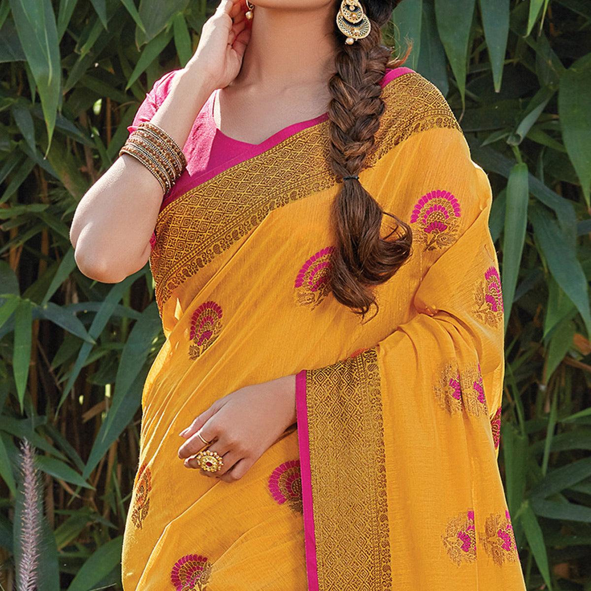 Energetic Yellow Colored Festive Wear Woven Cotton Handloom Saree - Peachmode