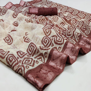 English Orange Casual Wear Digital Printed Pure Linen Saree - Peachmode