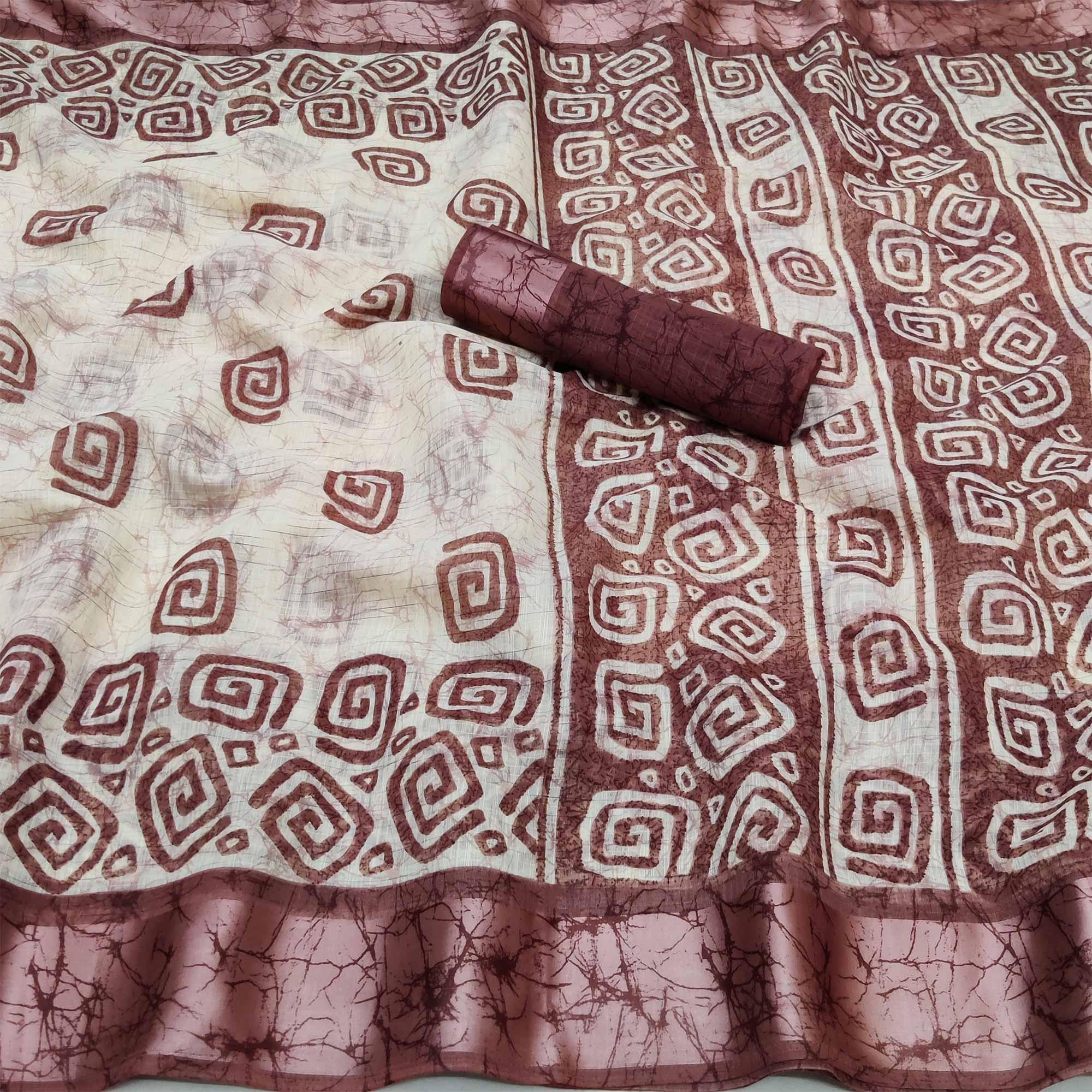English Orange Casual Wear Digital Printed Pure Linen Saree - Peachmode
