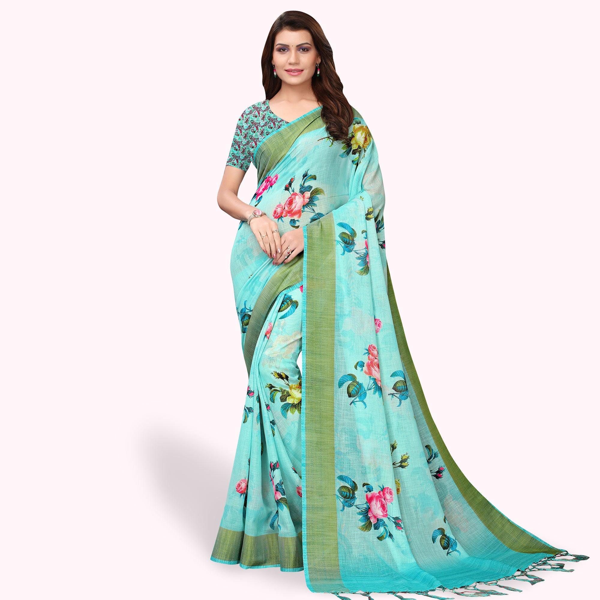 Engrossing Aqua Blue Colored Casual Wear Printed Linen Saree - Peachmode