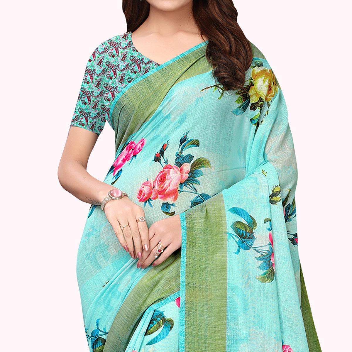 Engrossing Aqua Blue Colored Casual Wear Printed Linen Saree - Peachmode