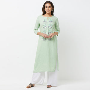 Engrossing Aqua Green Colored Partywear Embroidered Cotton Long Kurti - Peachmode