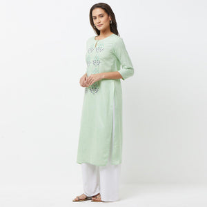 Engrossing Aqua Green Colored Partywear Embroidered Cotton Long Kurti - Peachmode