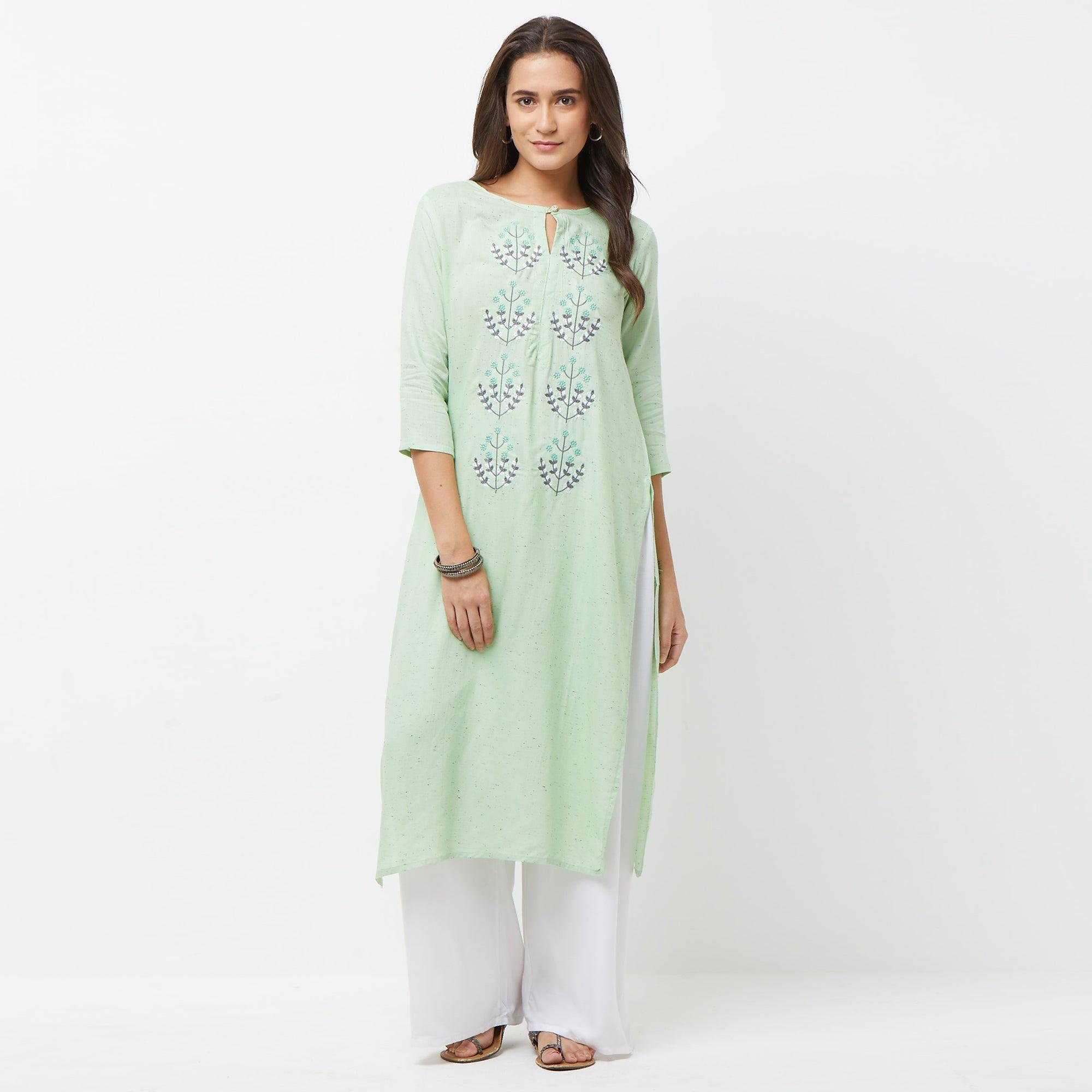 Engrossing Aqua Green Colored Partywear Embroidered Cotton Long Kurti - Peachmode