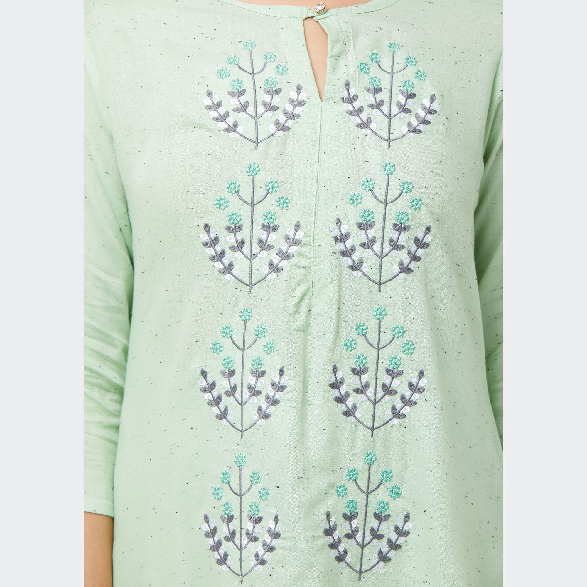 Engrossing Aqua Green Colored Partywear Embroidered Cotton Long Kurti - Peachmode