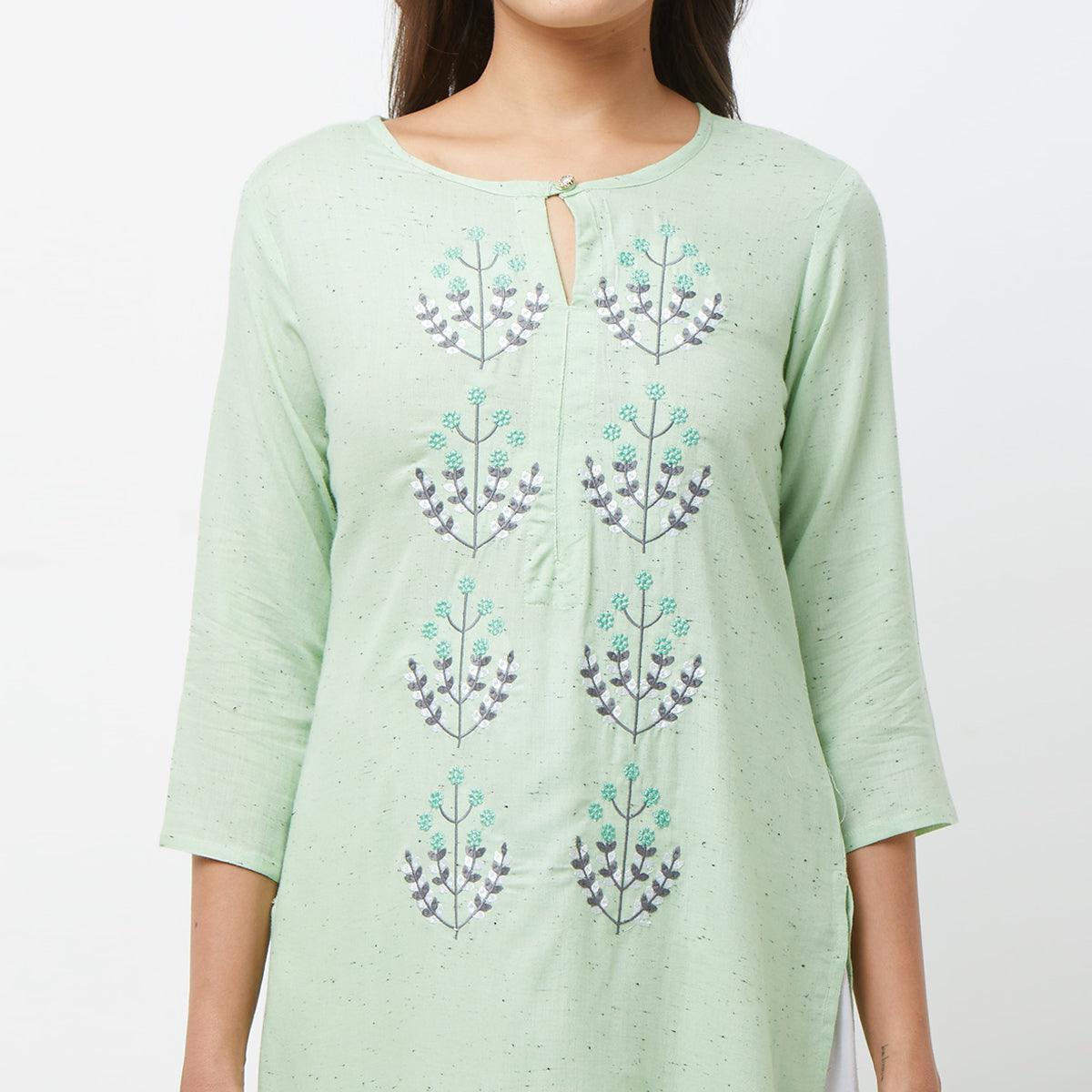 Engrossing Aqua Green Colored Partywear Embroidered Cotton Long Kurti - Peachmode