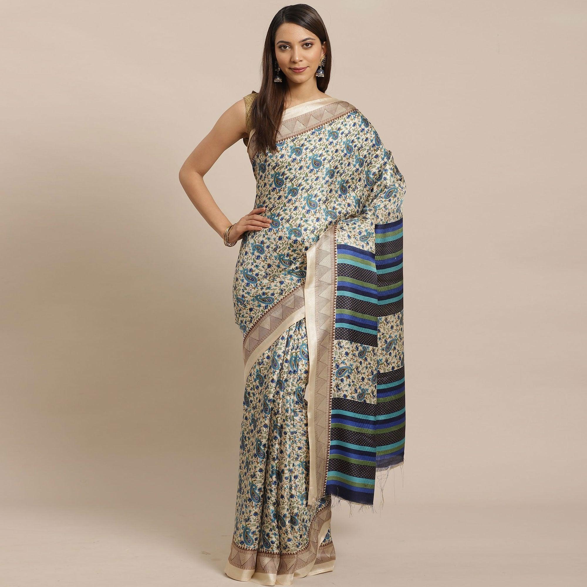 Engrossing Beige - Blue Colored Casual Wear Printed Silk blend Saree - Peachmode