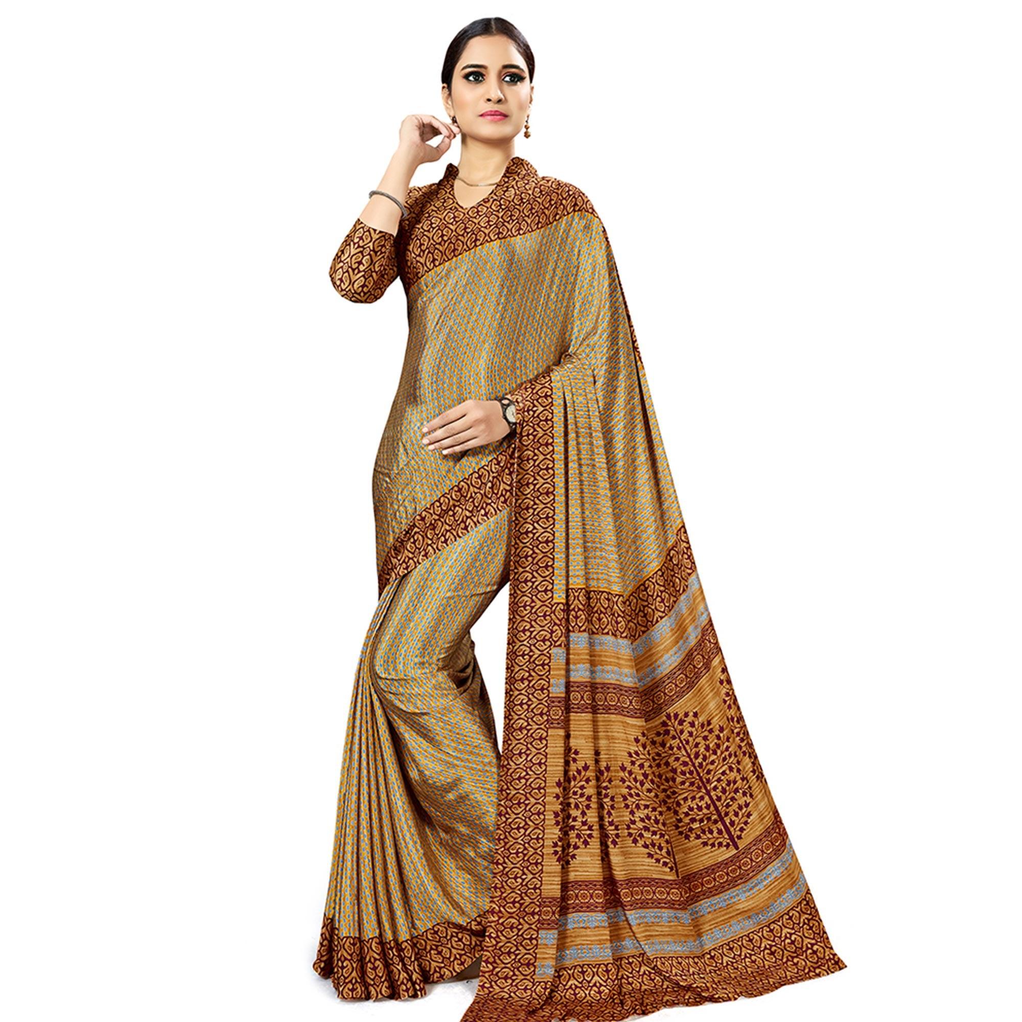 Engrossing Beige Colored Casual Wear Printed Crepe Saree - Peachmode