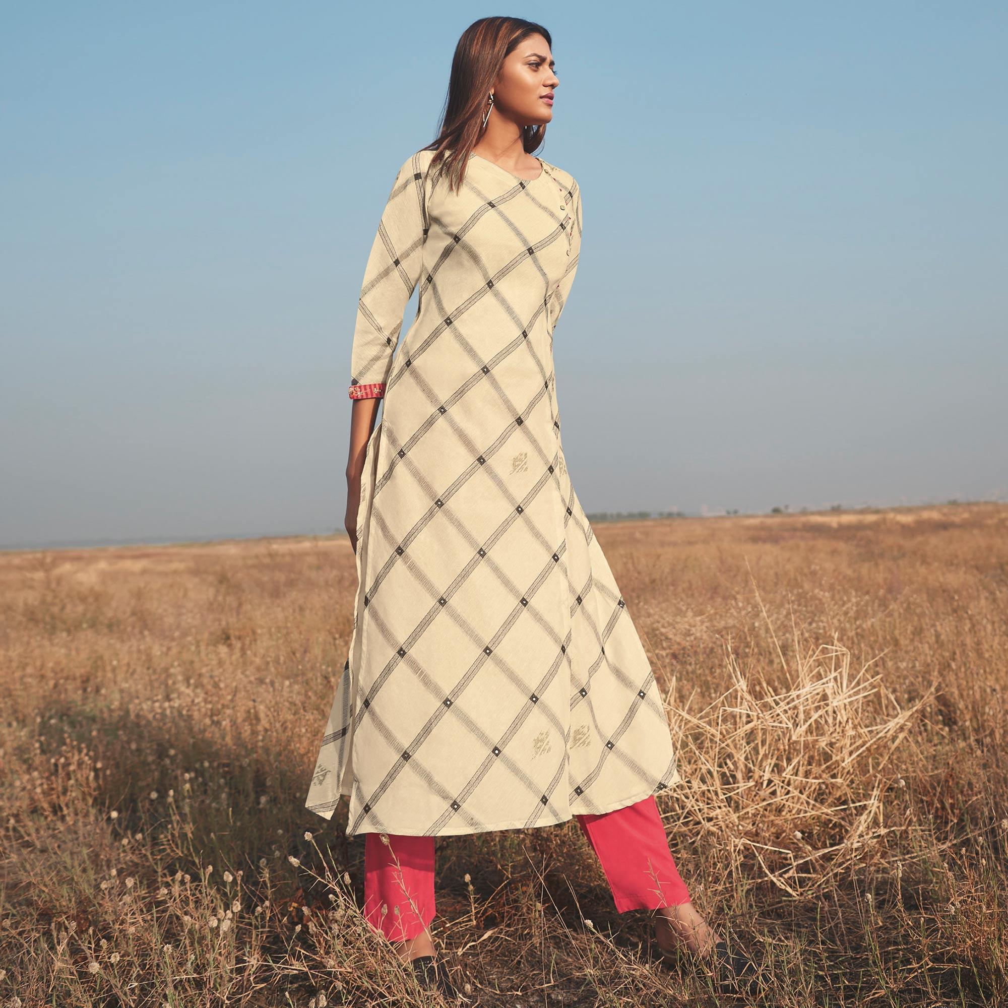 Engrossing Beige Colored Party Wear Handwork Handloom Cotton Kurti-Pant Set - Peachmode