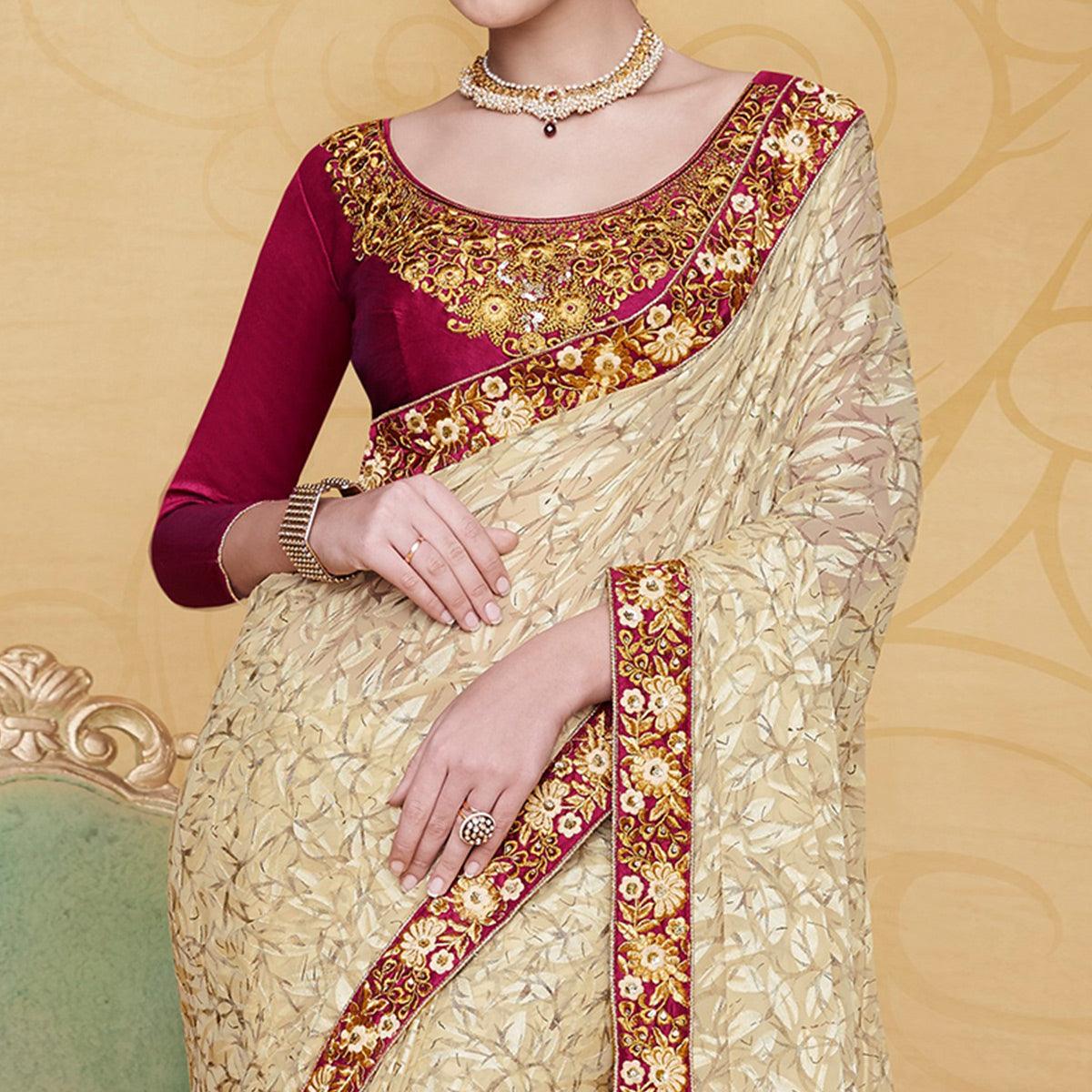 Engrossing Beige Colored Partywear Embroidered Brasso Saree - Peachmode