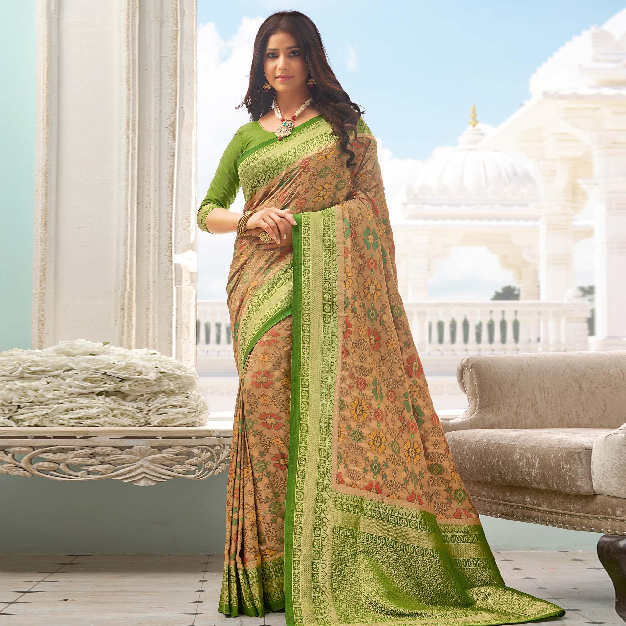 Engrossing Beige - Green Colored Festive Wear Woven Pure Handloom Silk Saree - Peachmode