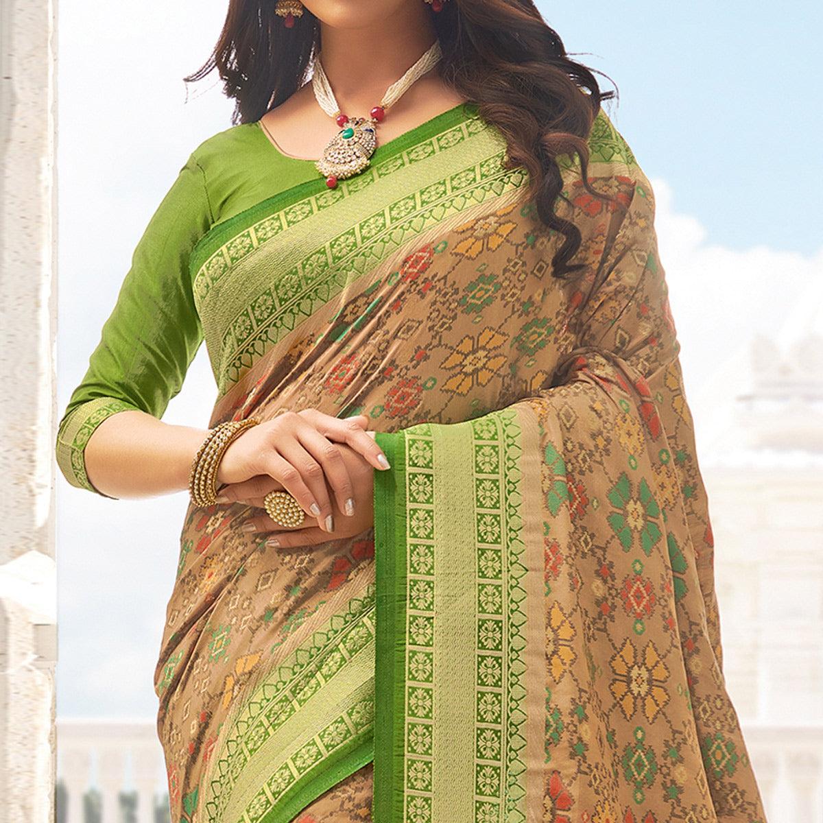 Engrossing Beige - Green Colored Festive Wear Woven Pure Handloom Silk Saree - Peachmode