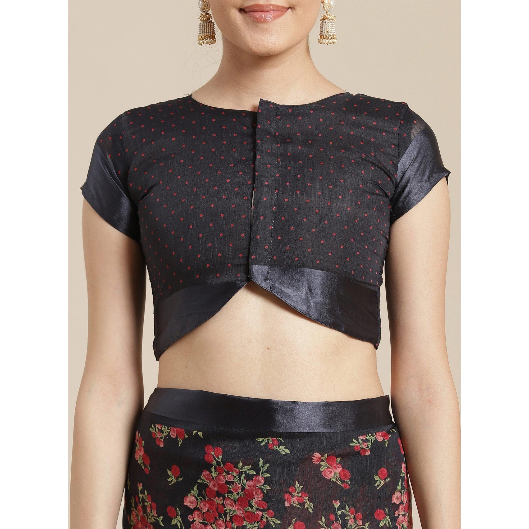 Engrossing Black Colored Casual Wear Floral Printed Cotton Silk Saree - Peachmode