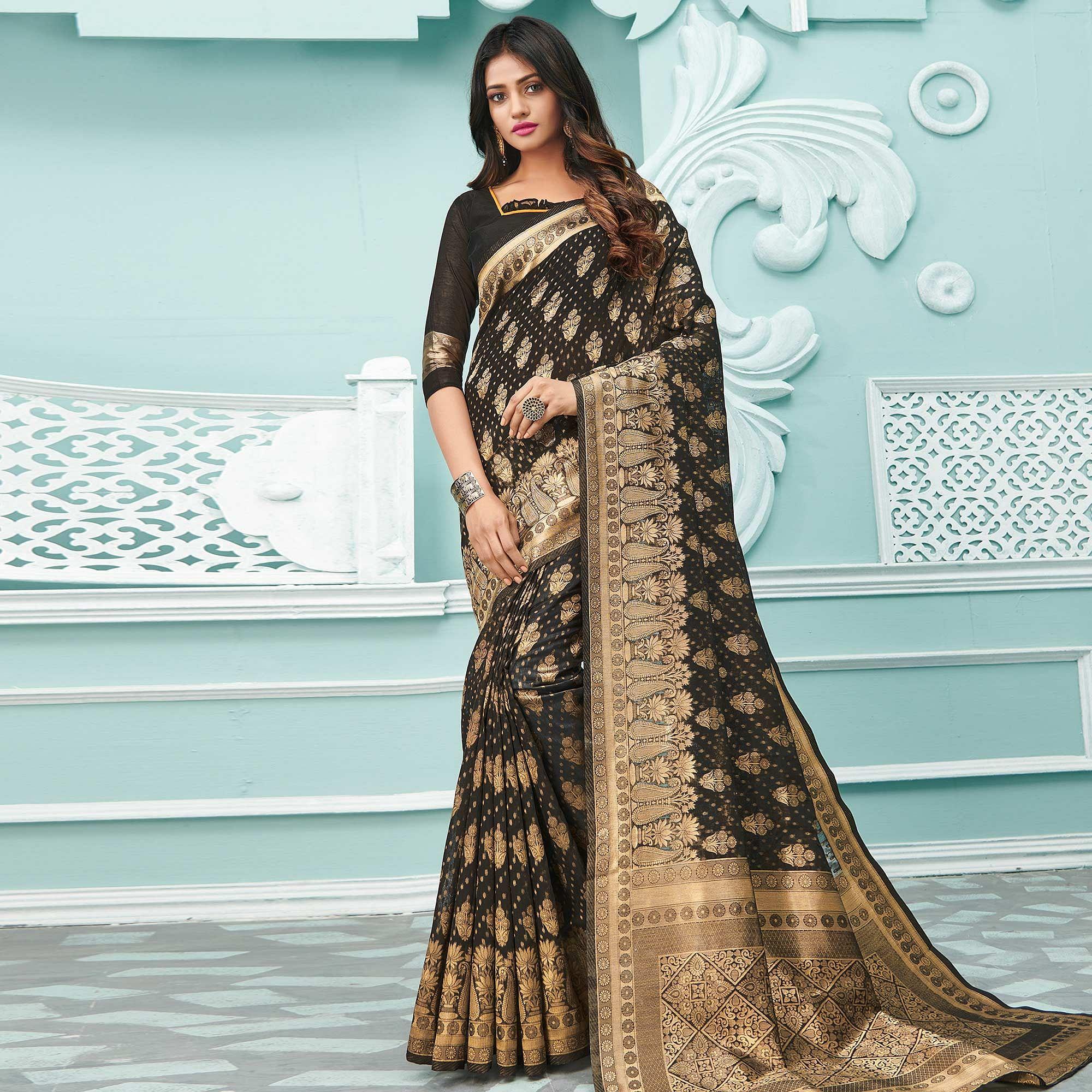 Engrossing Black Colored Festive Wear Woven Cotton Handloom Saree - Peachmode