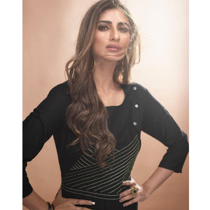 Engrossing Black Colored Partywear Embroidered Viscose Kurti - Peachmode