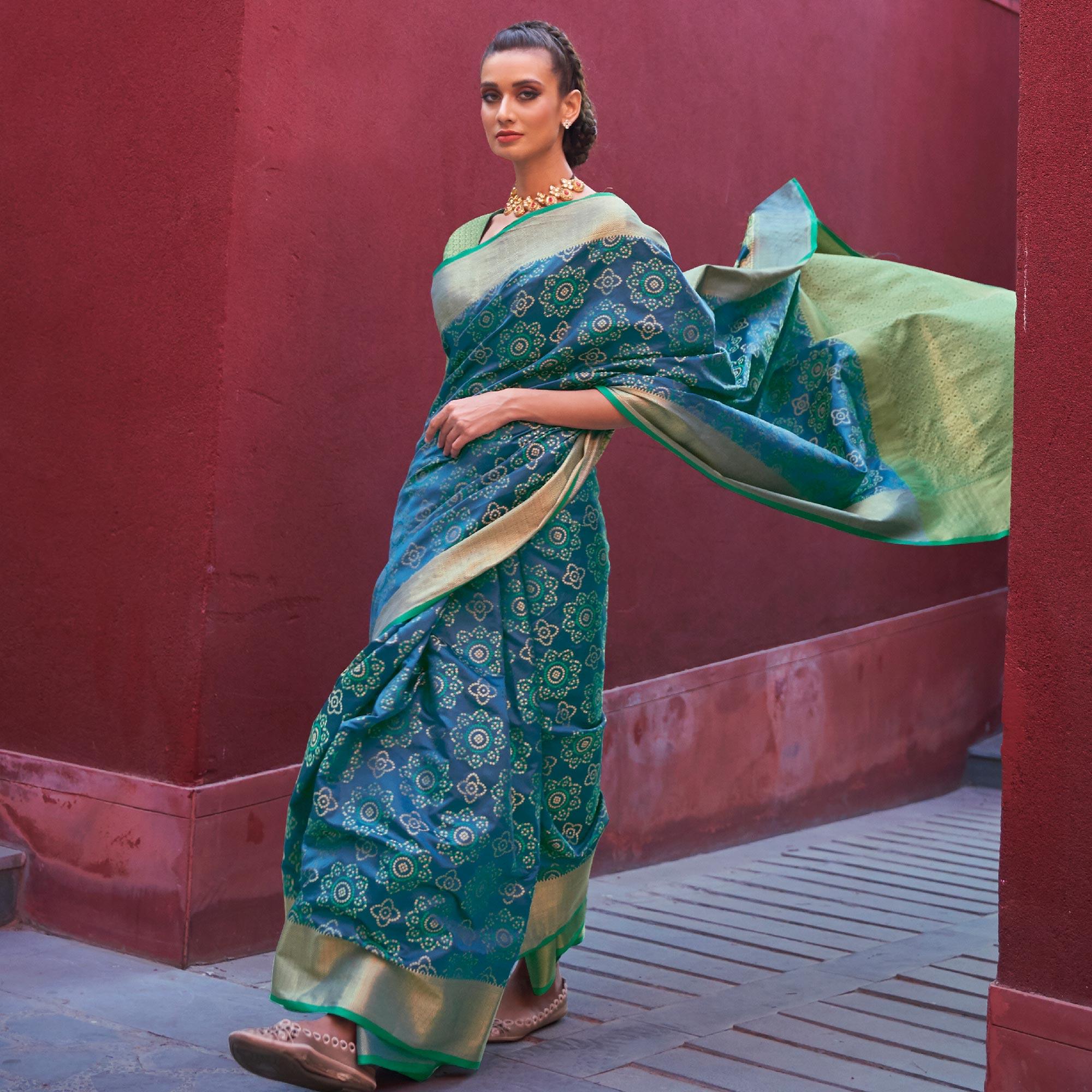 Engrossing Blue Colored Festive Wear Woven Silk Saree - Peachmode