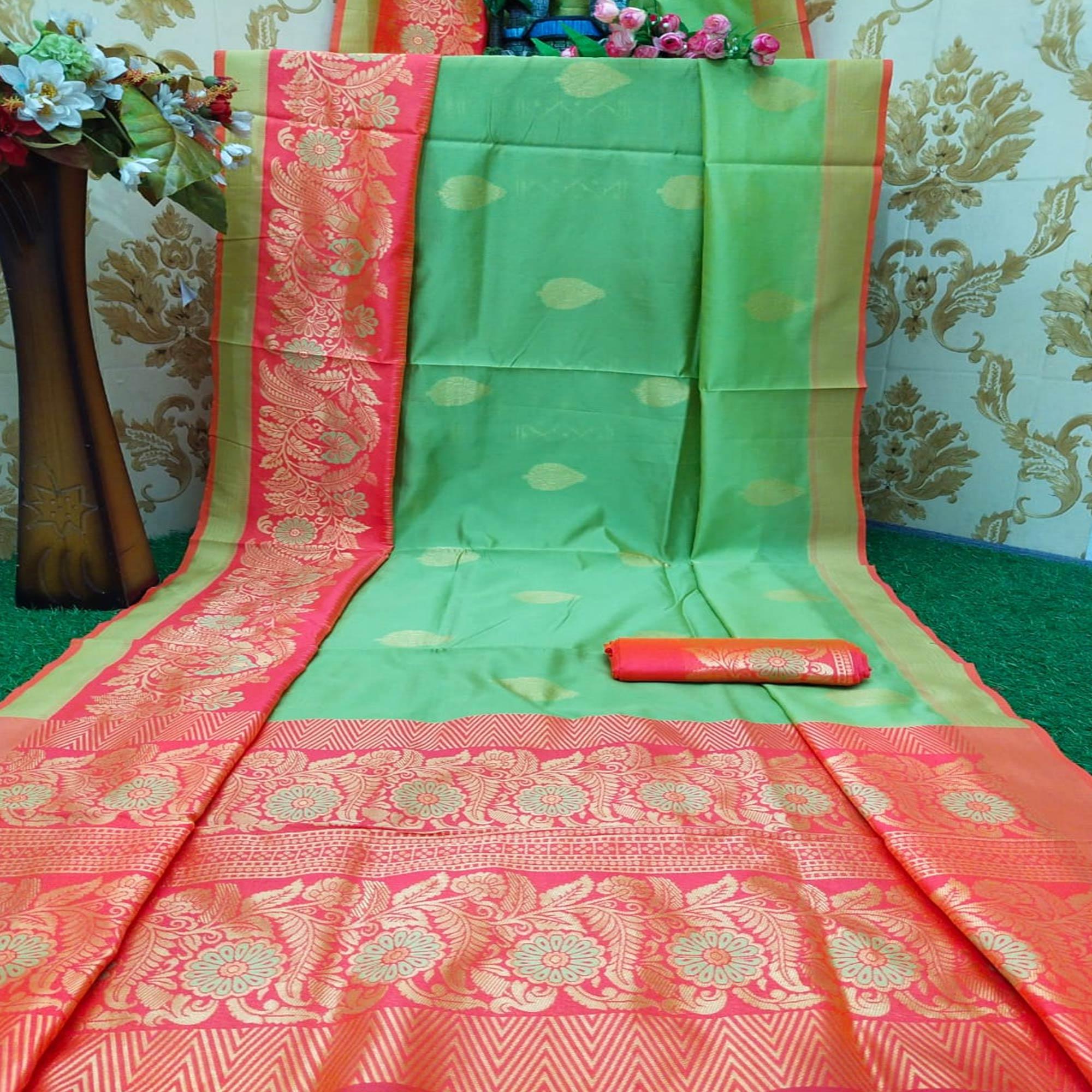 Engrossing Green Colored Festive Wear Woven Heavy Banarasi Silk Saree - Peachmode