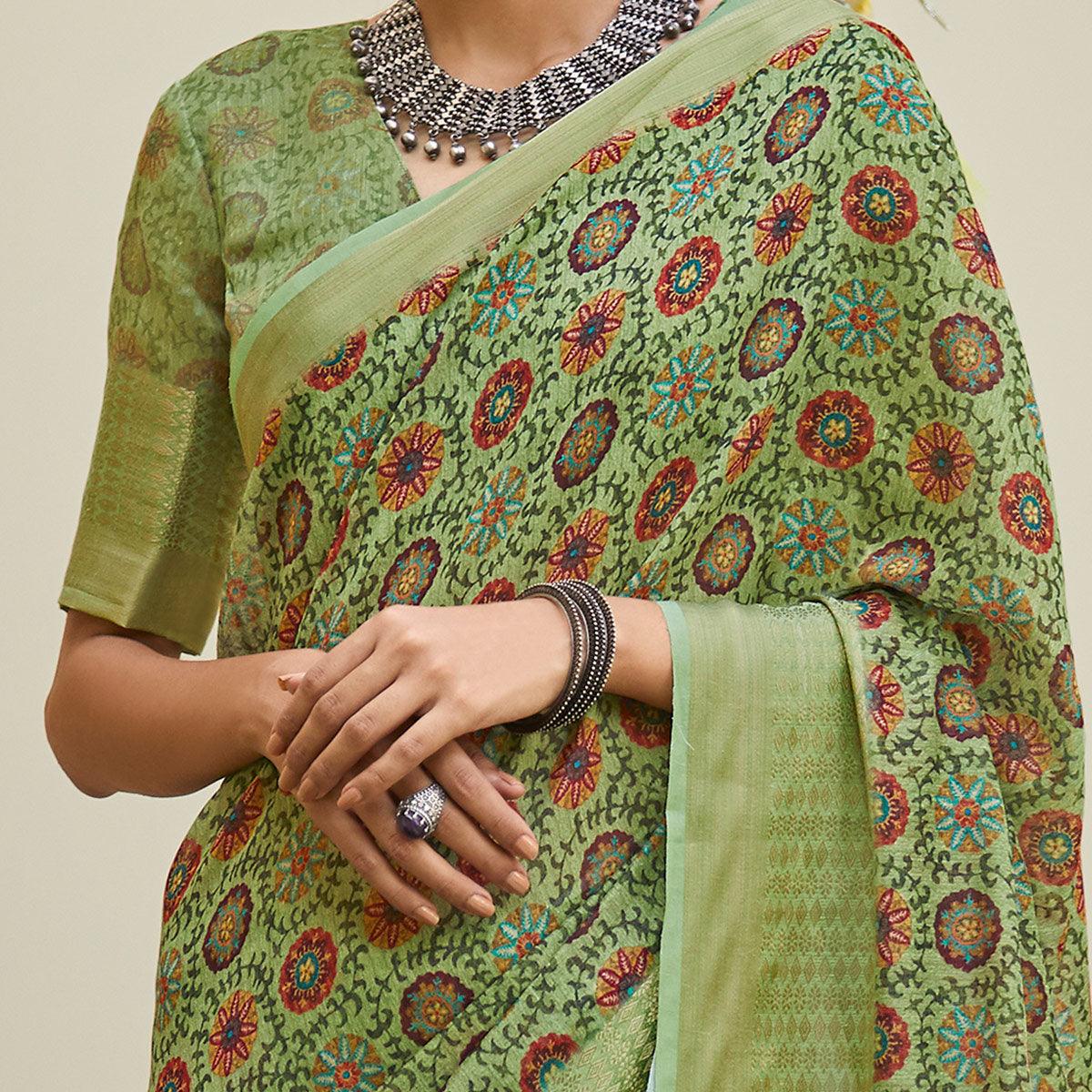 Engrossing Green Colored Party Wear Digital Printed Linen Saree - Peachmode