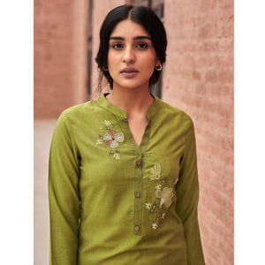 Engrossing Green Colored Partywear Embroidered Pure Viscose Kurti - Peachmode