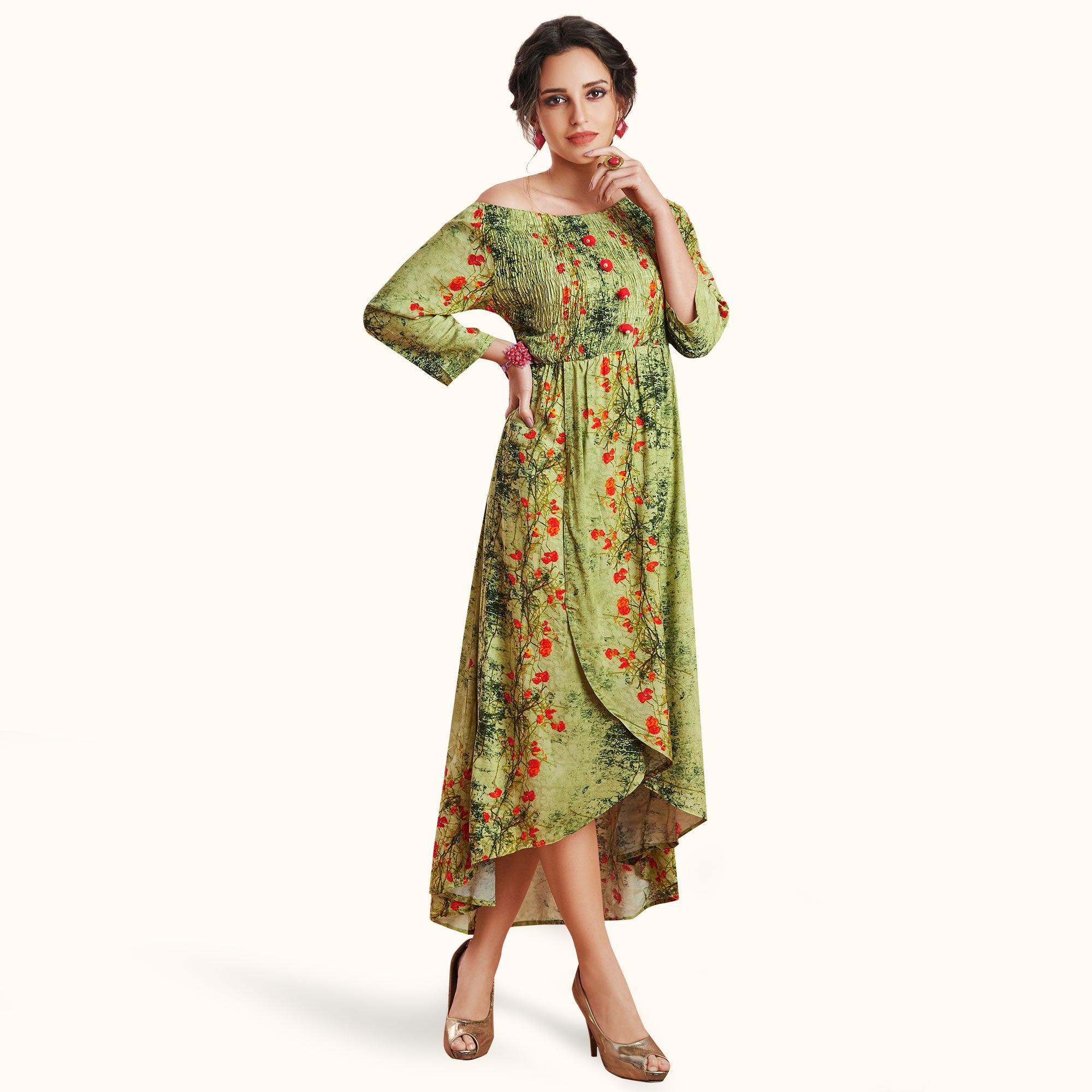Engrossing Green Colored Partywear Printed Rayon Kurti - Peachmode