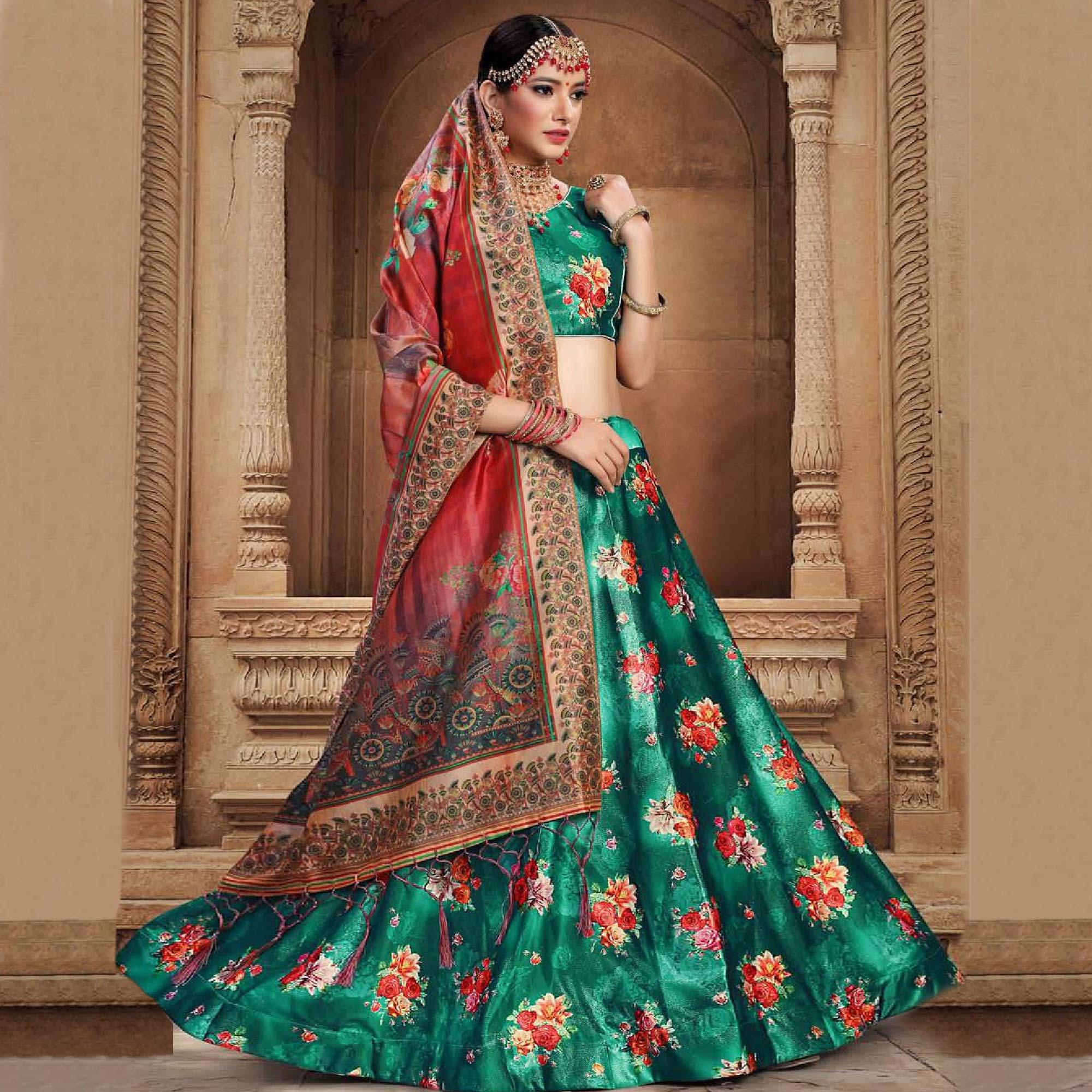 Engrossing Green Colored Wedding Wear Printed Art Silk Lehenga Choli - Peachmode