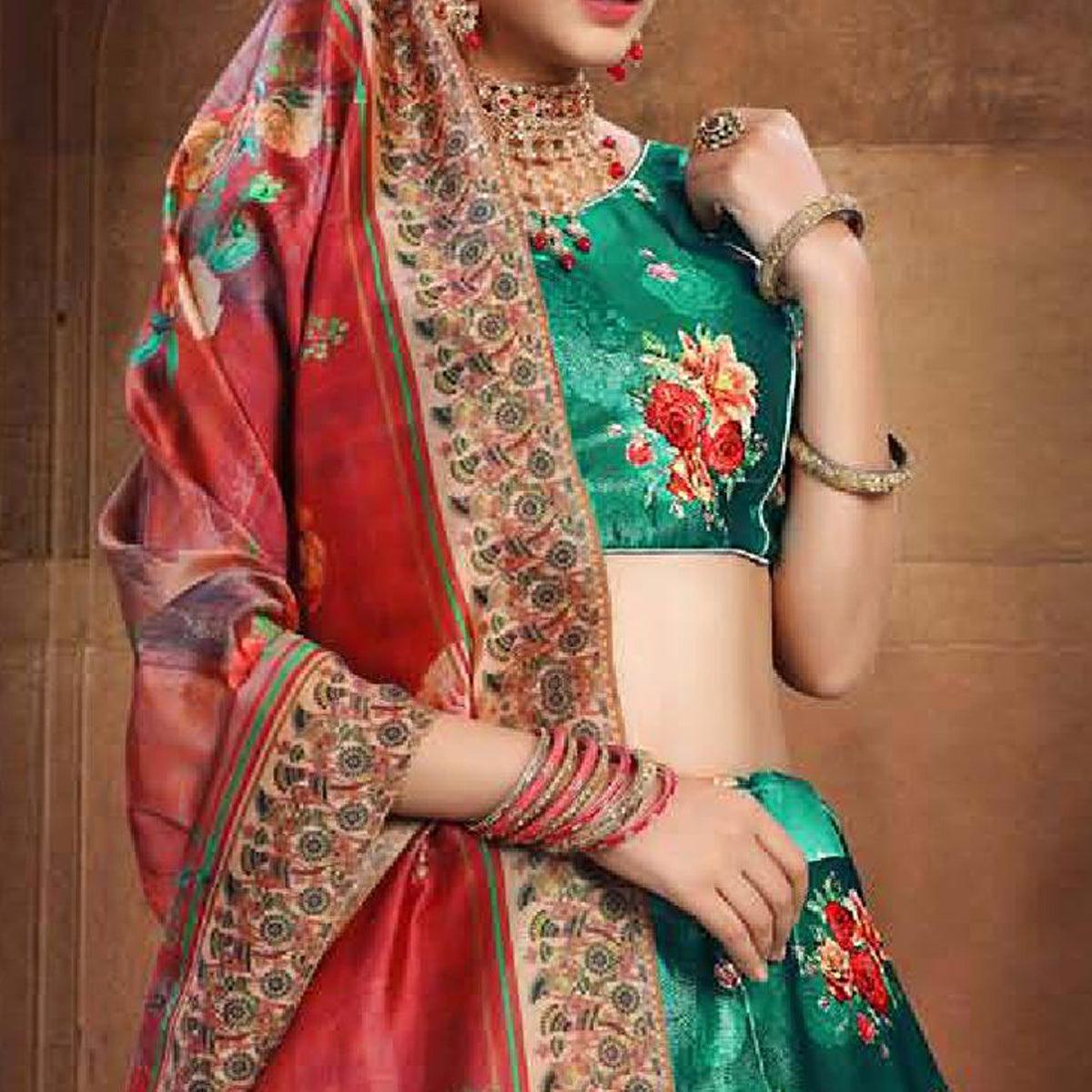 Engrossing Green Colored Wedding Wear Printed Art Silk Lehenga Choli - Peachmode