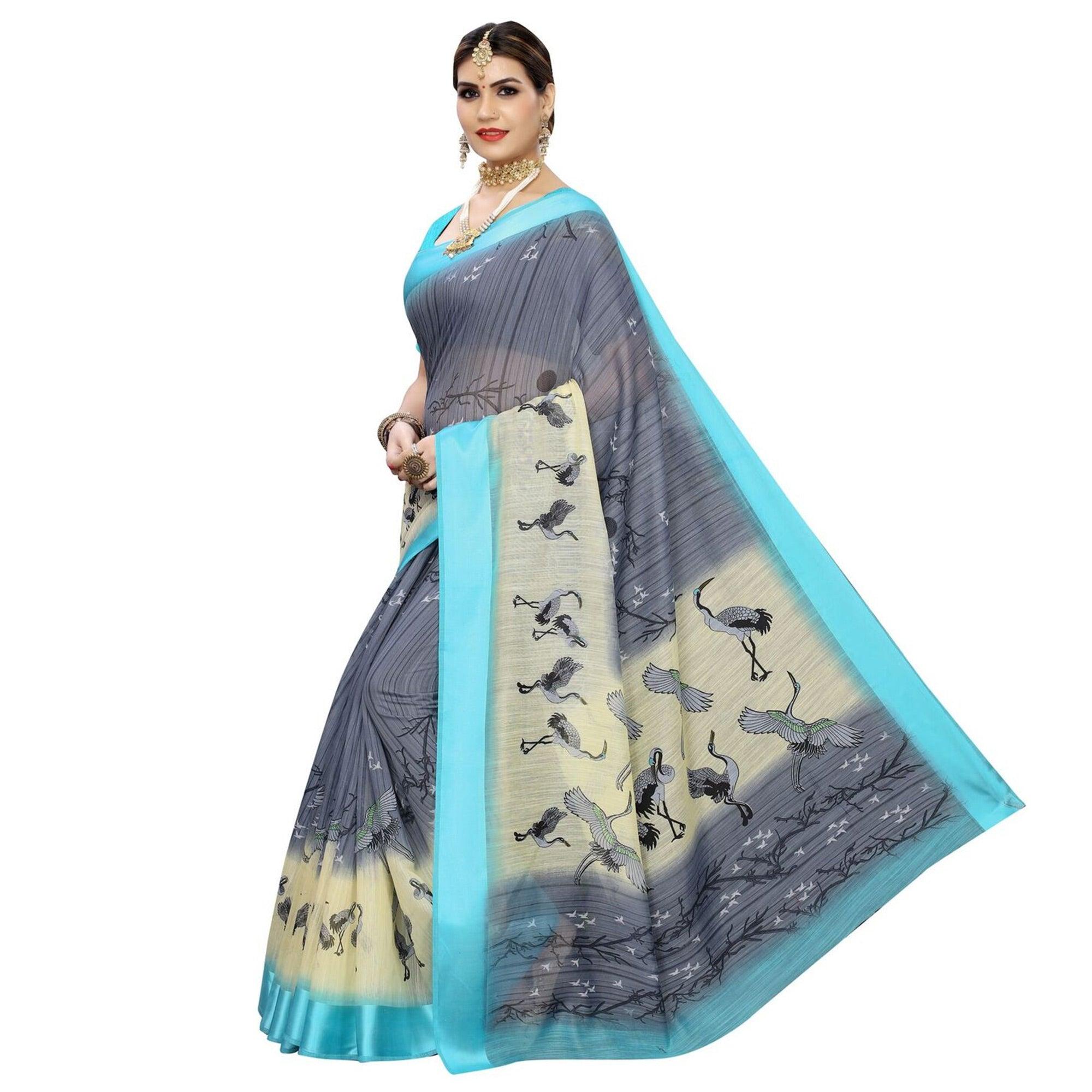 Engrossing Grey Colored Casual Printed Linen Saree - Peachmode