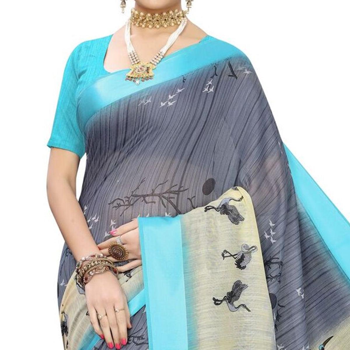 Engrossing Grey Colored Casual Printed Linen Saree - Peachmode