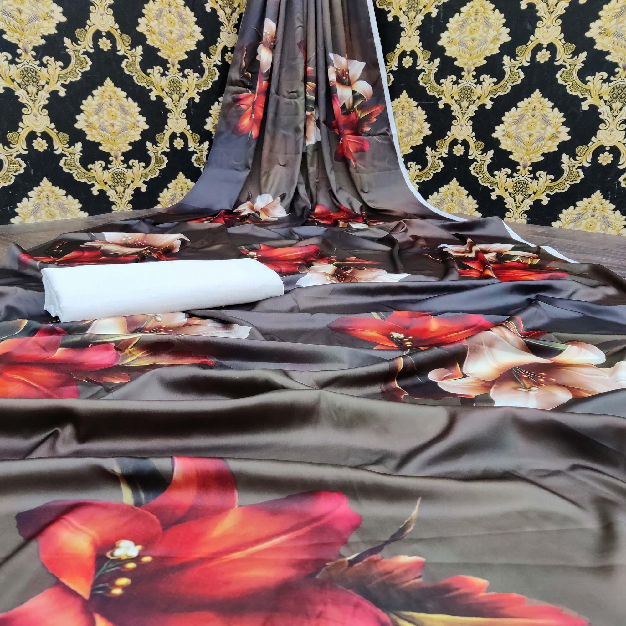 Engrossing Grey Colored Casual Wear Digital Printed Satin Saree - Peachmode