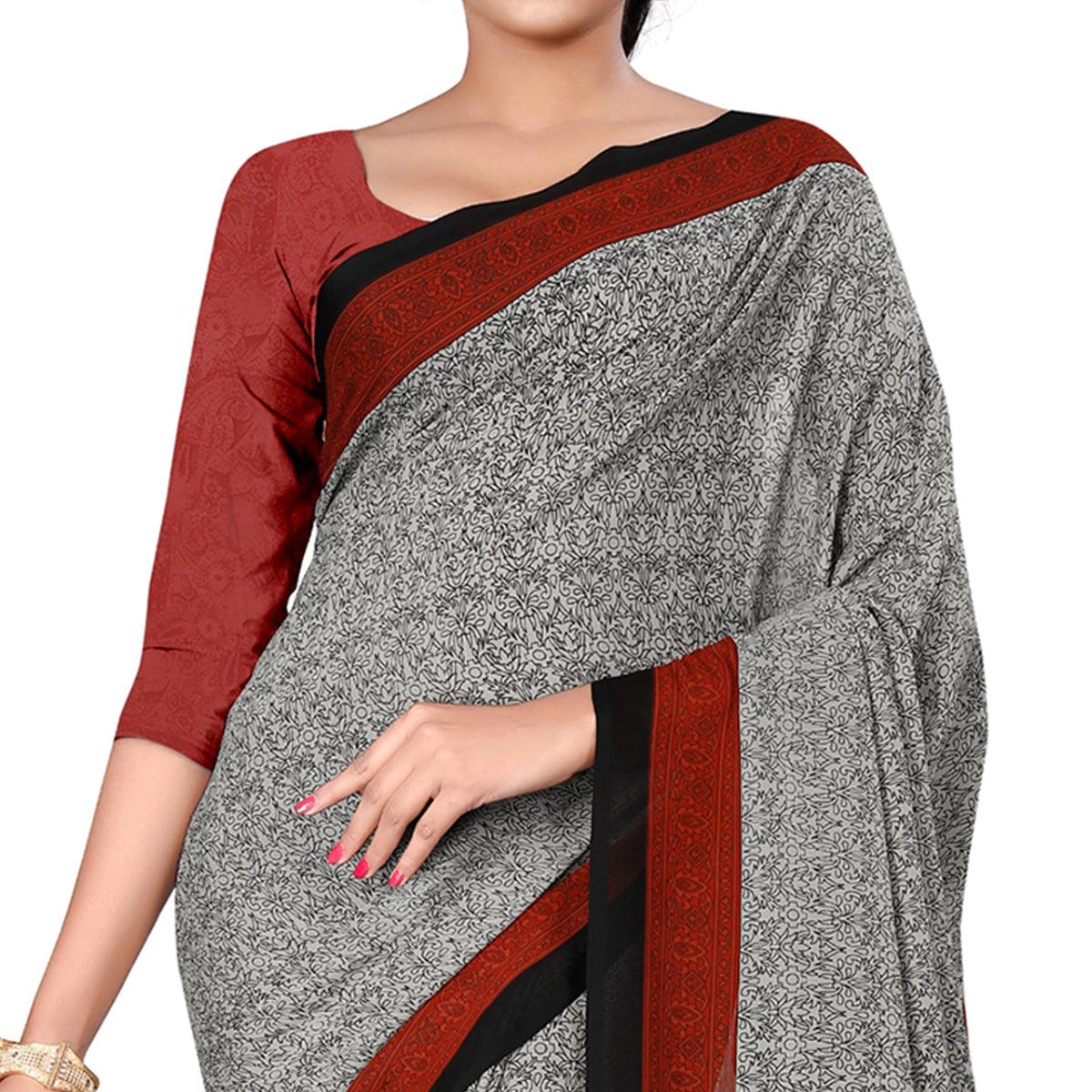 Engrossing Grey Colored Casual Wear Printed Georgette Saree - Peachmode