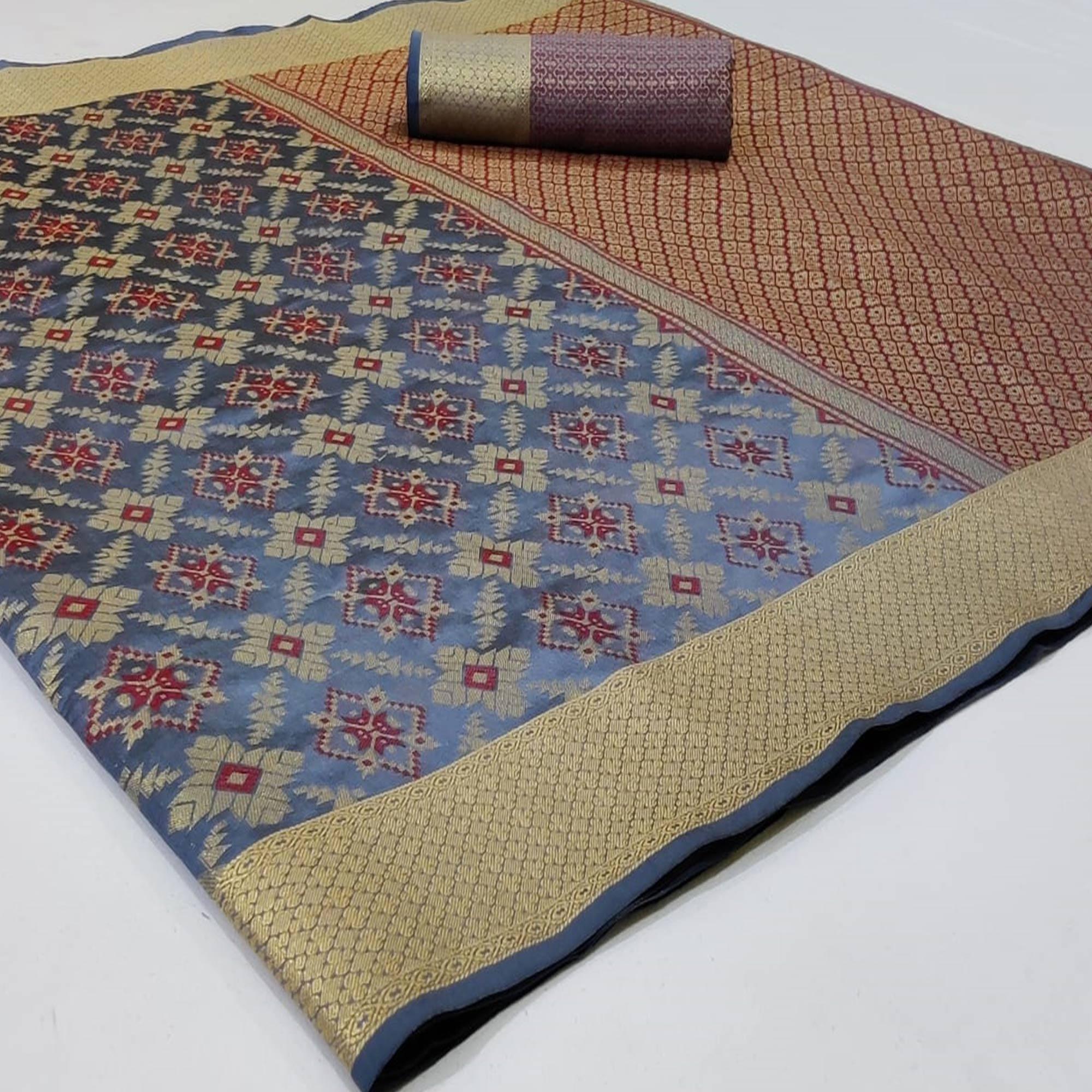 Engrossing Grey Colored Festive Wear Woven Silk Saree - Peachmode