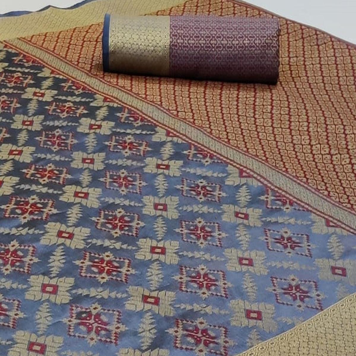 Engrossing Grey Colored Festive Wear Woven Silk Saree - Peachmode