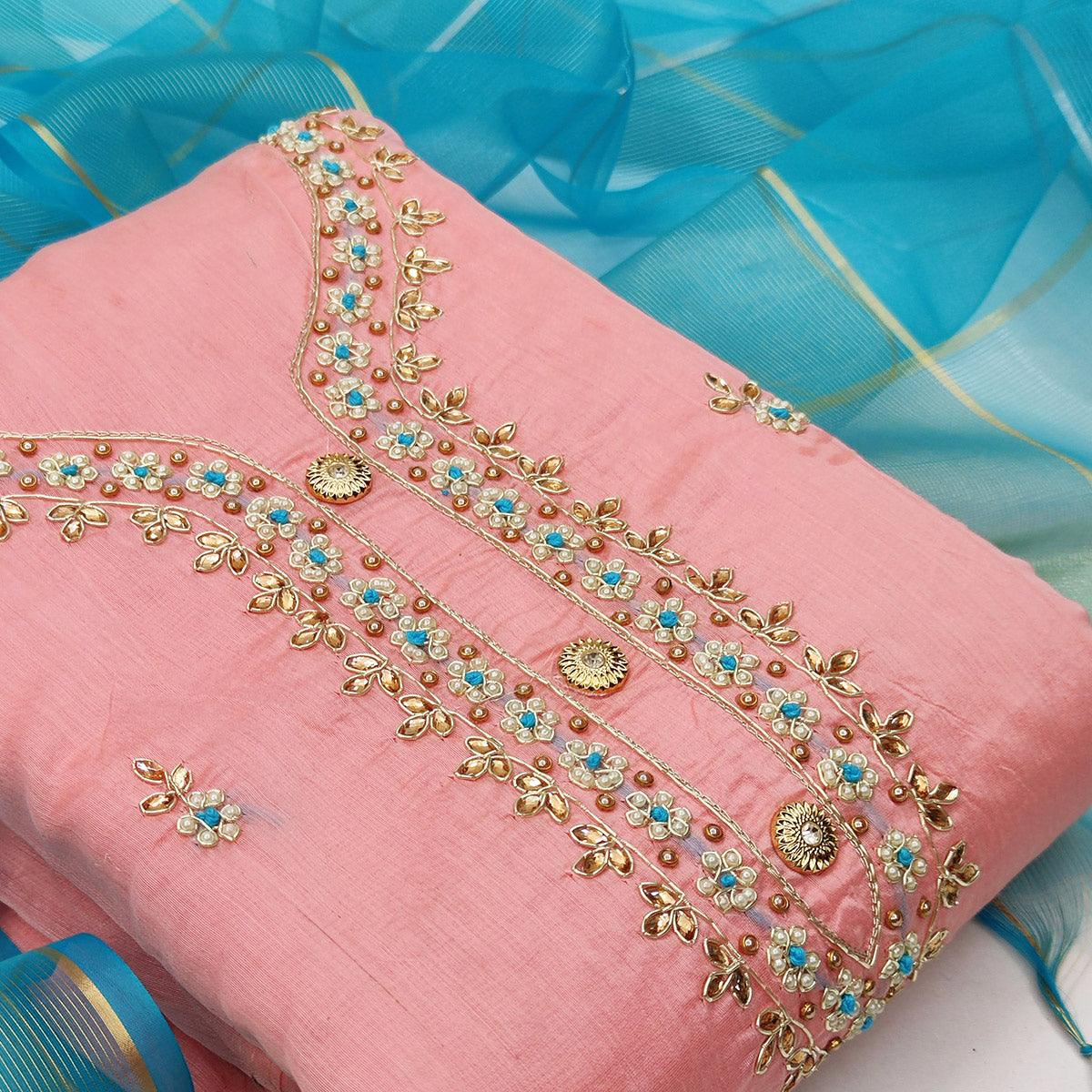 Engrossing Light Pink Colored Casual Embroidered Modal Chanderi Dress Material - Peachmode