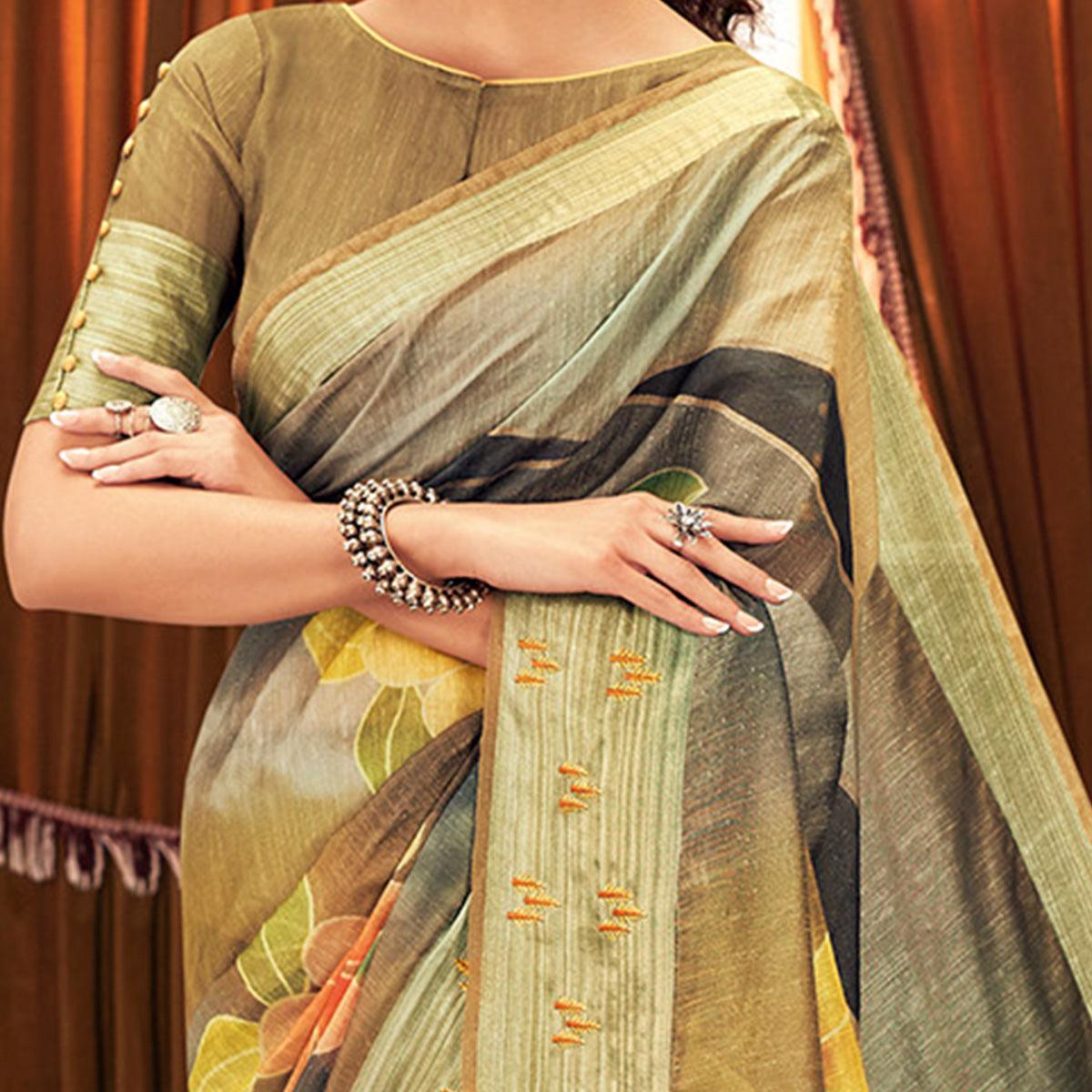 Engrossing Mehndi Green Colored Festive Wear Printed And Woven Border Silk Saree - Peachmode