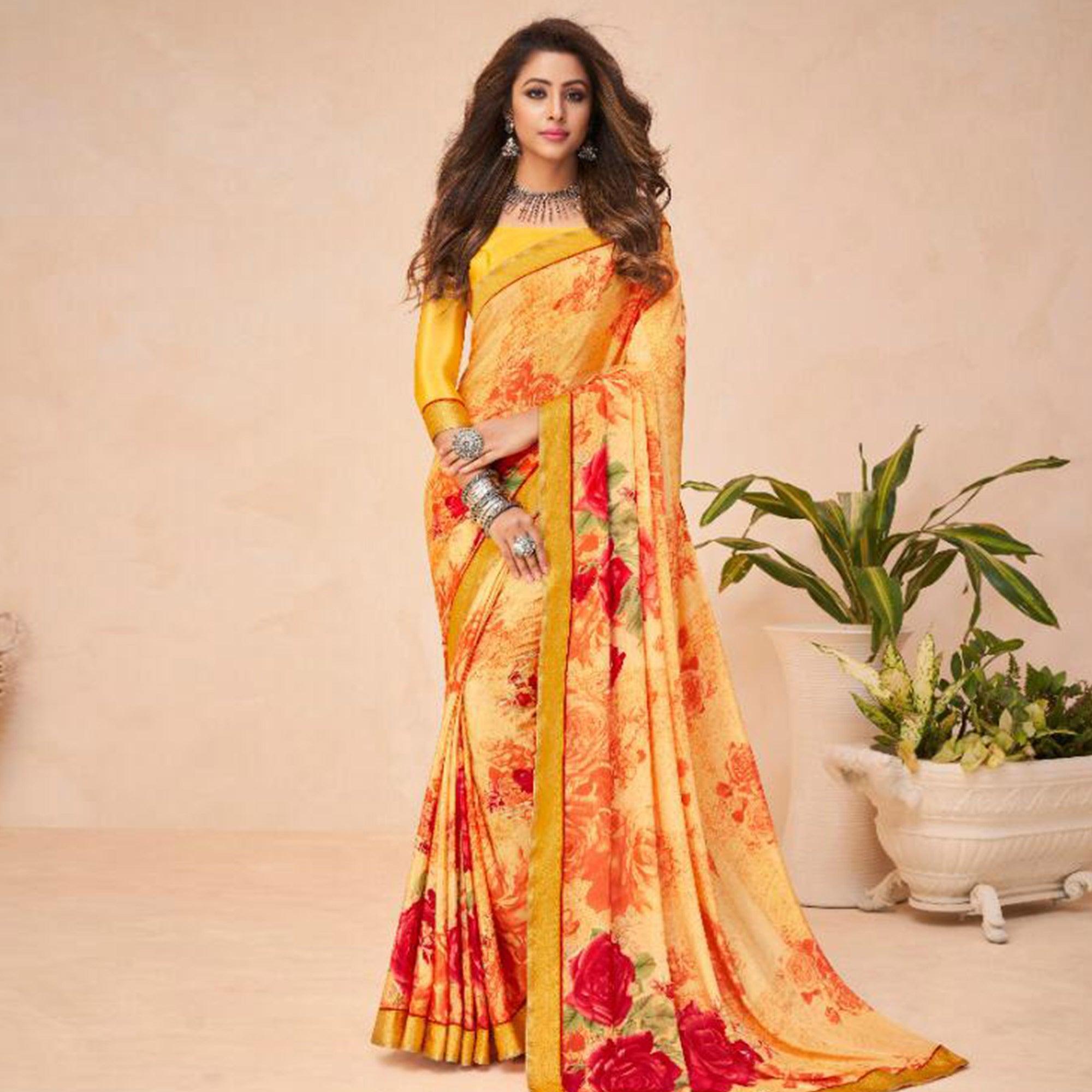 Engrossing Mustard Coloured Casual Wear Printed Crepe Saree - Peachmode