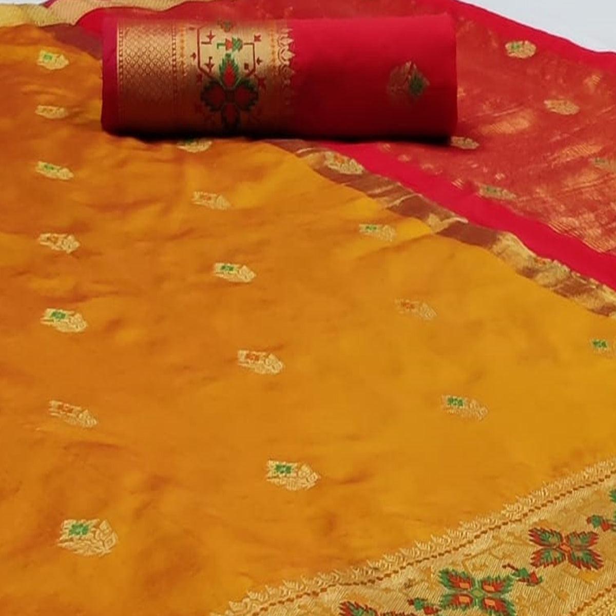 Engrossing Mustard Yellow Colored Festive Wear Woven Silk Saree - Peachmode