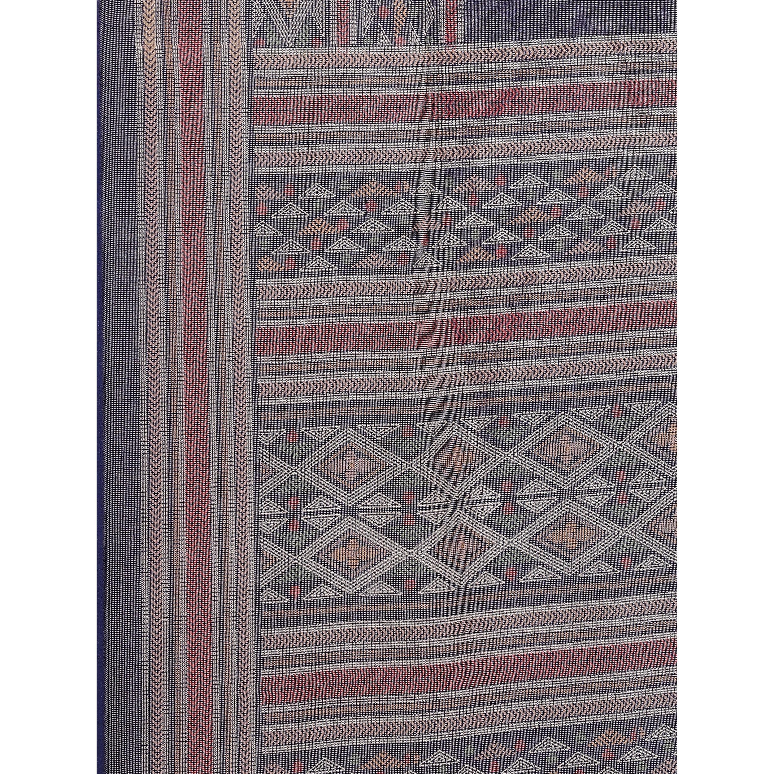Engrossing Navy Blue Colored Casual Wear Printed Jute Silk Saree - Peachmode
