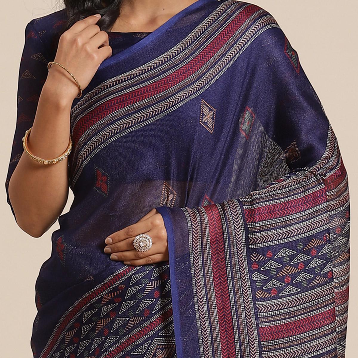 Engrossing Navy Blue Colored Casual Wear Printed Jute Silk Saree - Peachmode